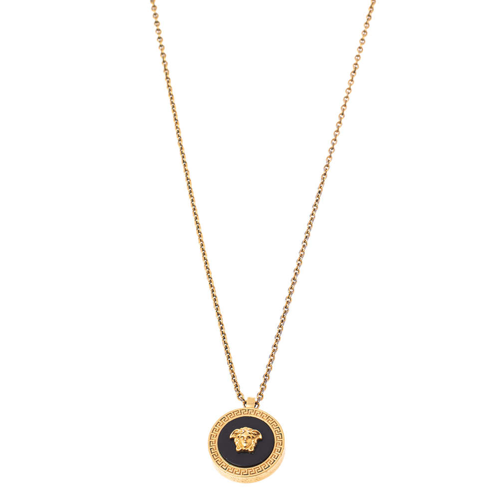 Versace Gold Tone Black Resin Medusa Head Pendant Necklace