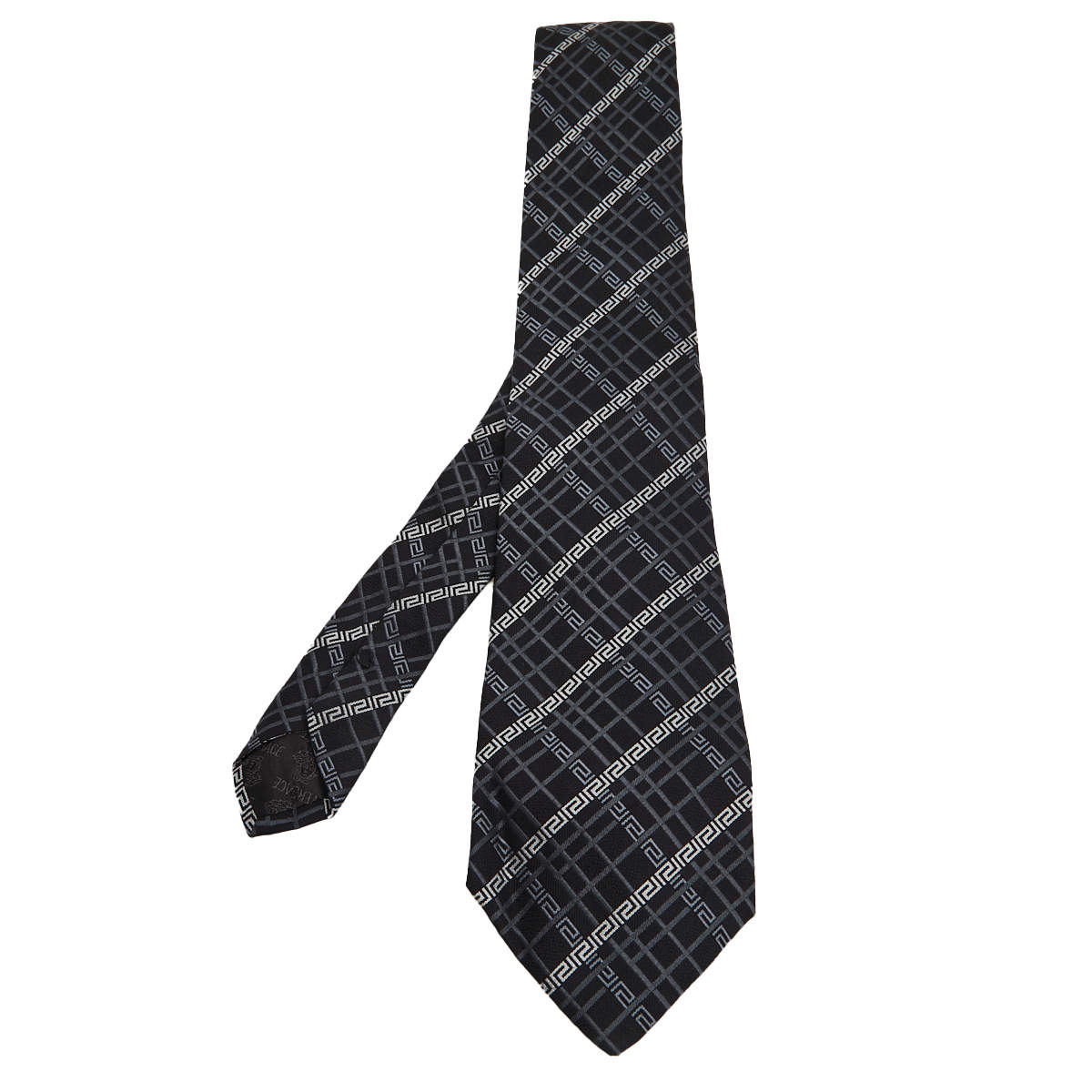 Pre Owned Versace Black Greca Motif Jacquard Silk Tie