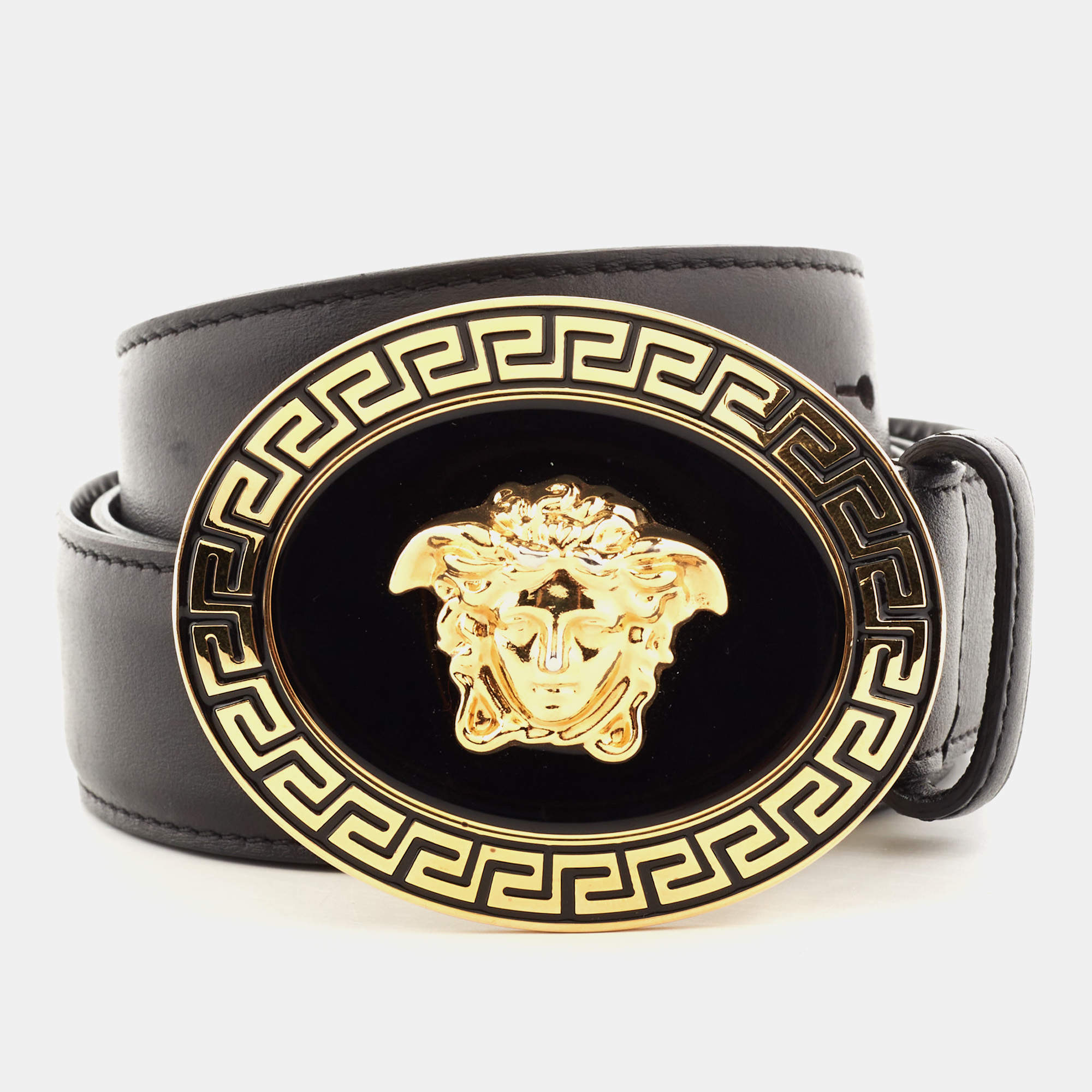 Pre Owned Versace Black Leather Medusa Buckle Belt 105CM