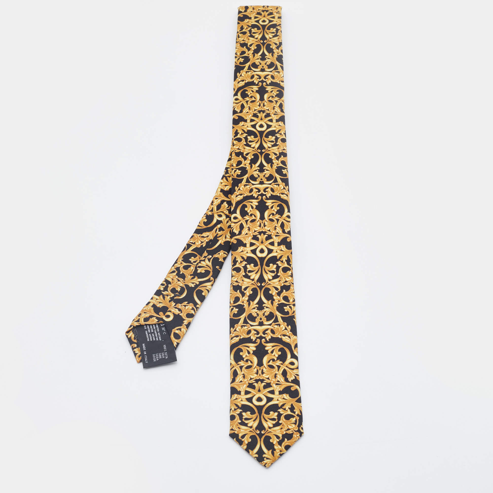 Versace Black Baroque Print Silk Skinny Tie