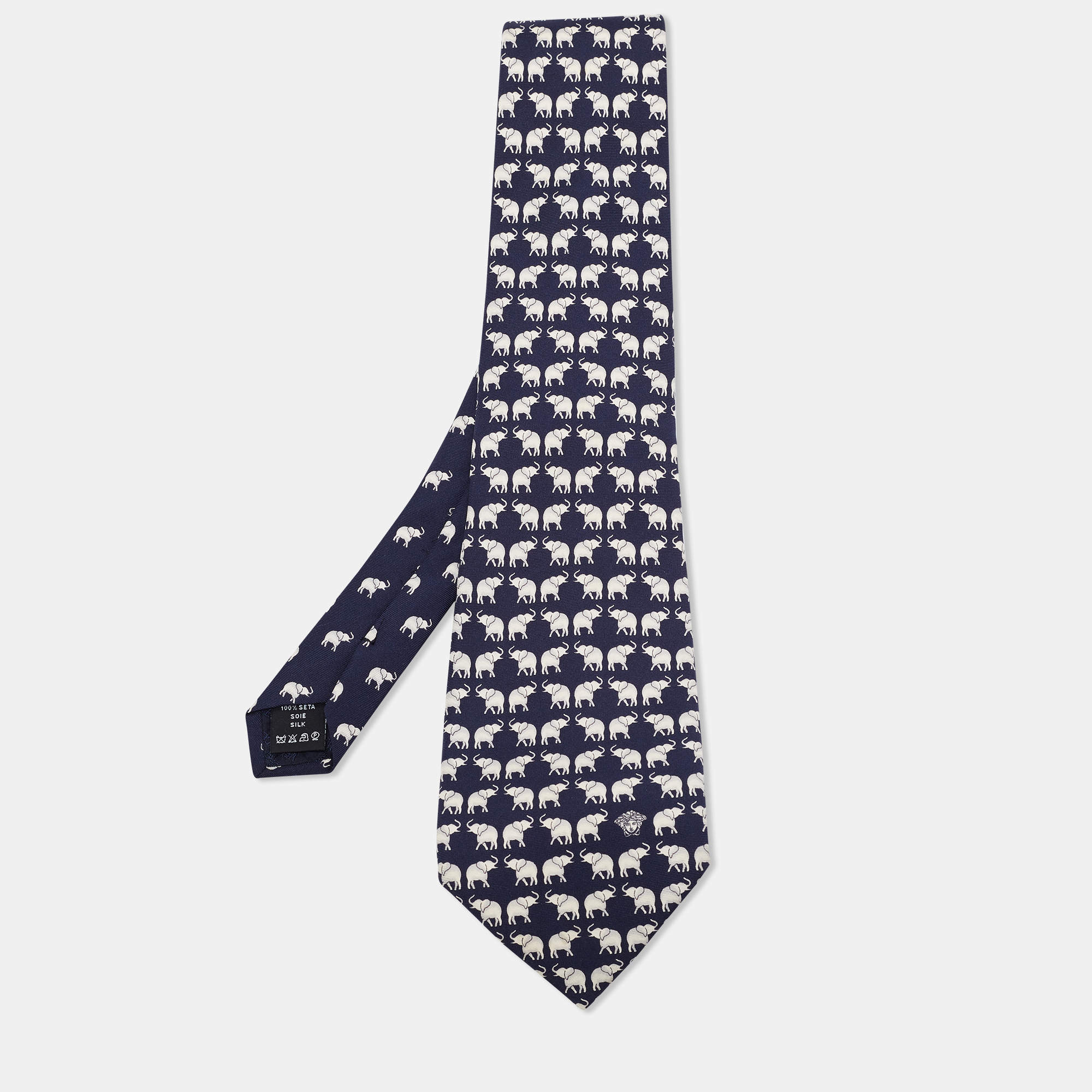 Versace Blue Elephant Printed Silk Tie