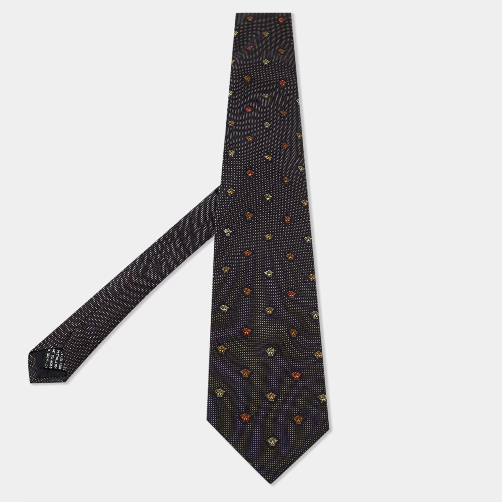 Gianni Versace Navy Blue Medusa Print Silk Tie 