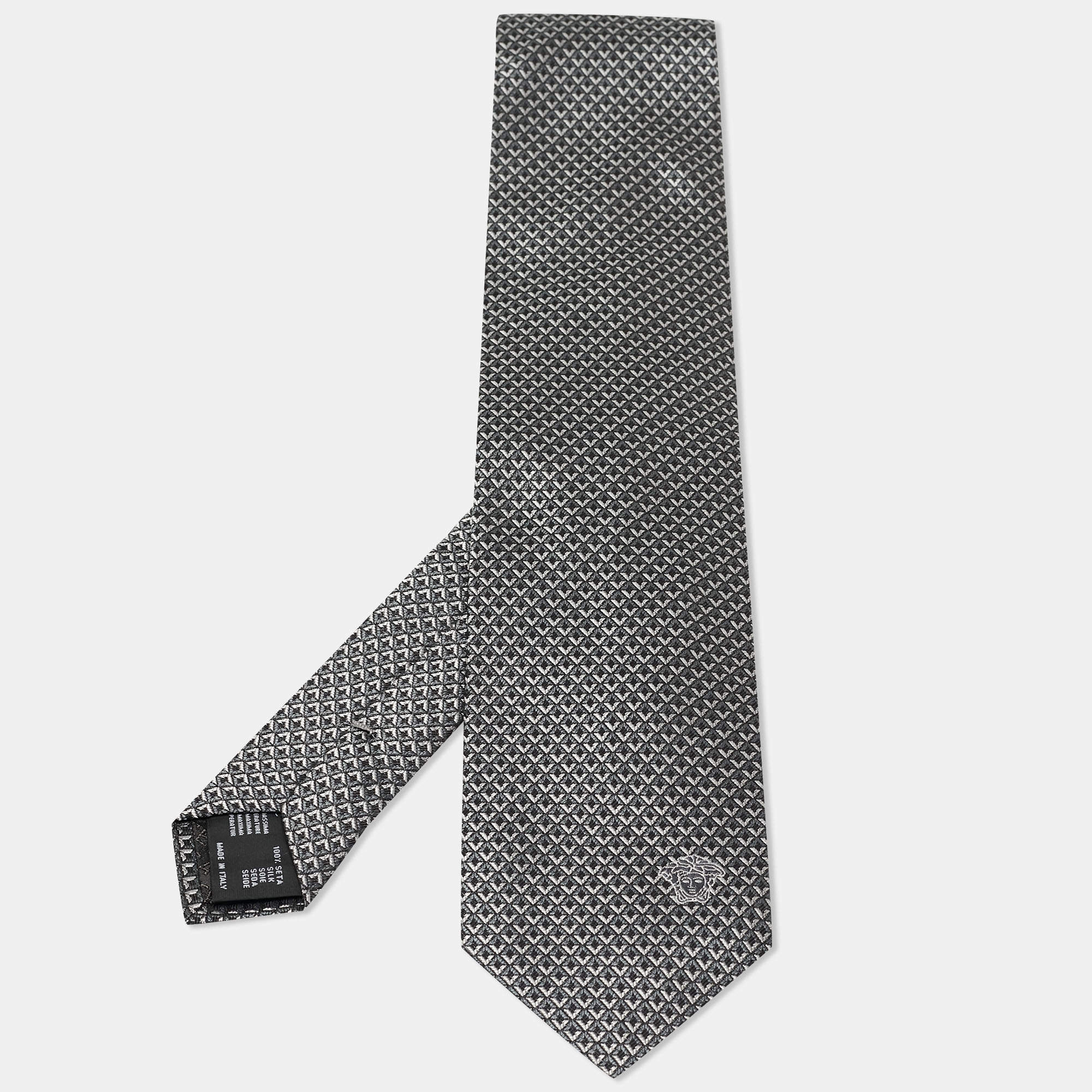 Pre Owned Versace Grey Diamond Pattern Silk Tie