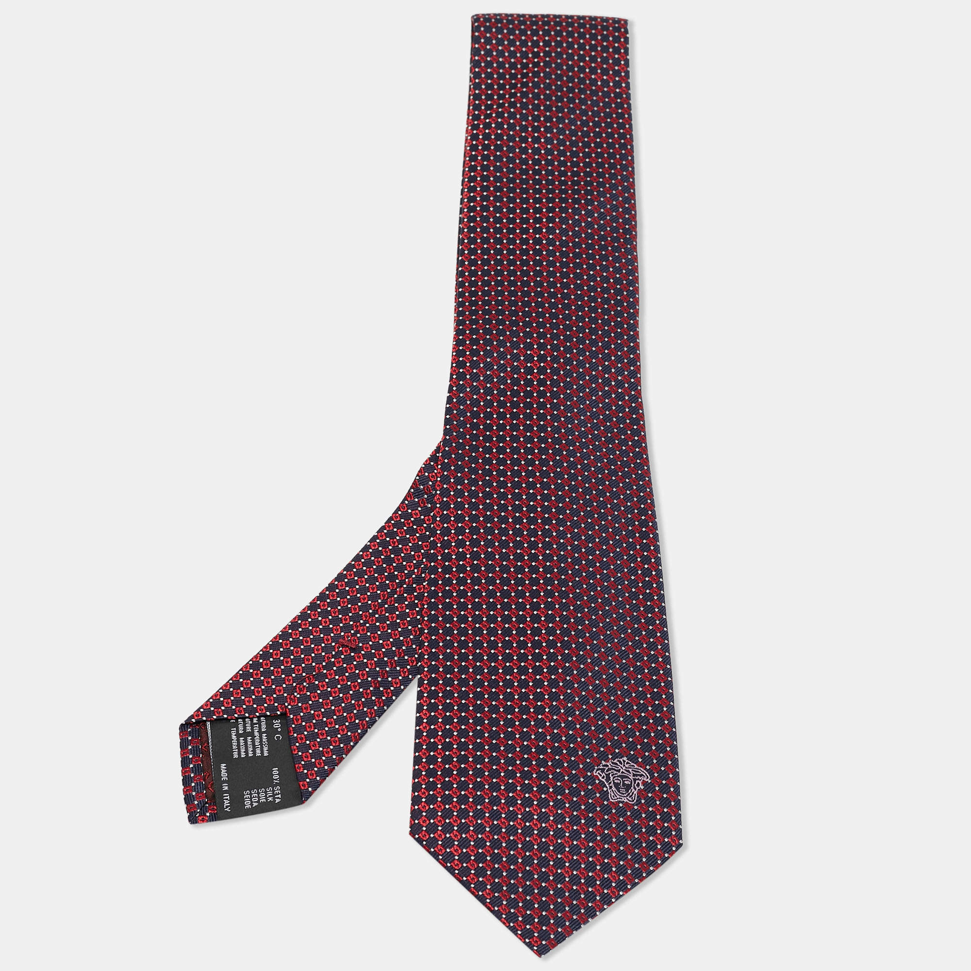 Versace Navy Blue/Red Patterned Jacquard Silk Tie