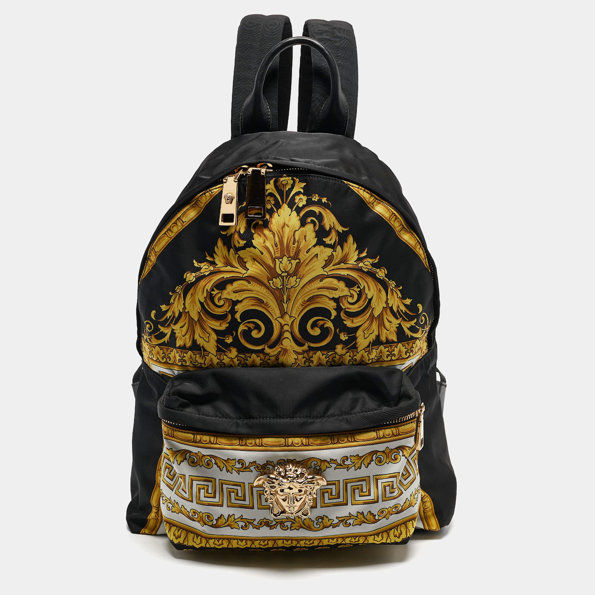 Pre Owned Versace Black/Yellow Baroque Nylon and Leather Medusa Backpack
