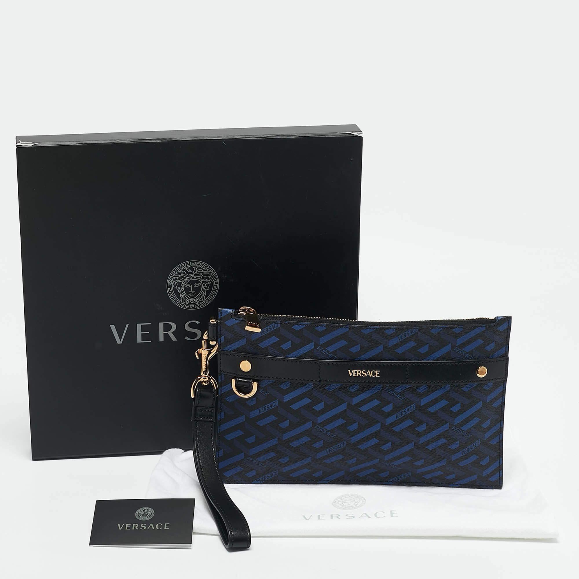 Versace Blue/Black La Greca Printed Coated Canvas and Leather