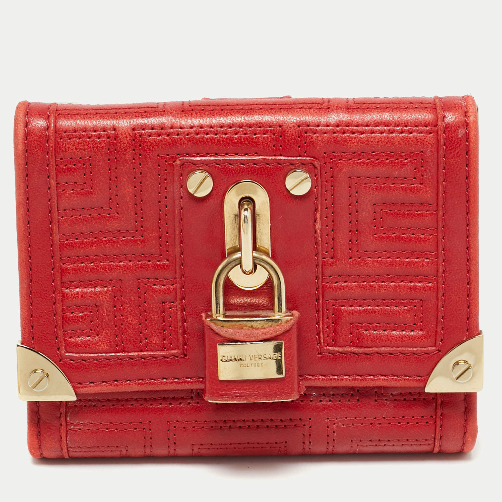 Pre Owned Versace Red Quilted Leather Lock Trifold Wallet