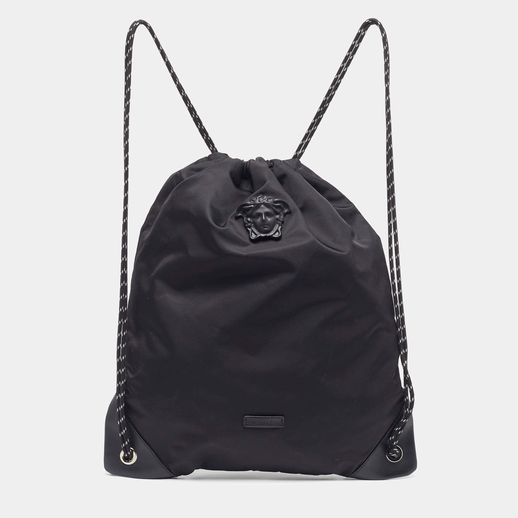 مملوكة مسبقًا Versace La Medusa Black Nylon Drawstring Backpack