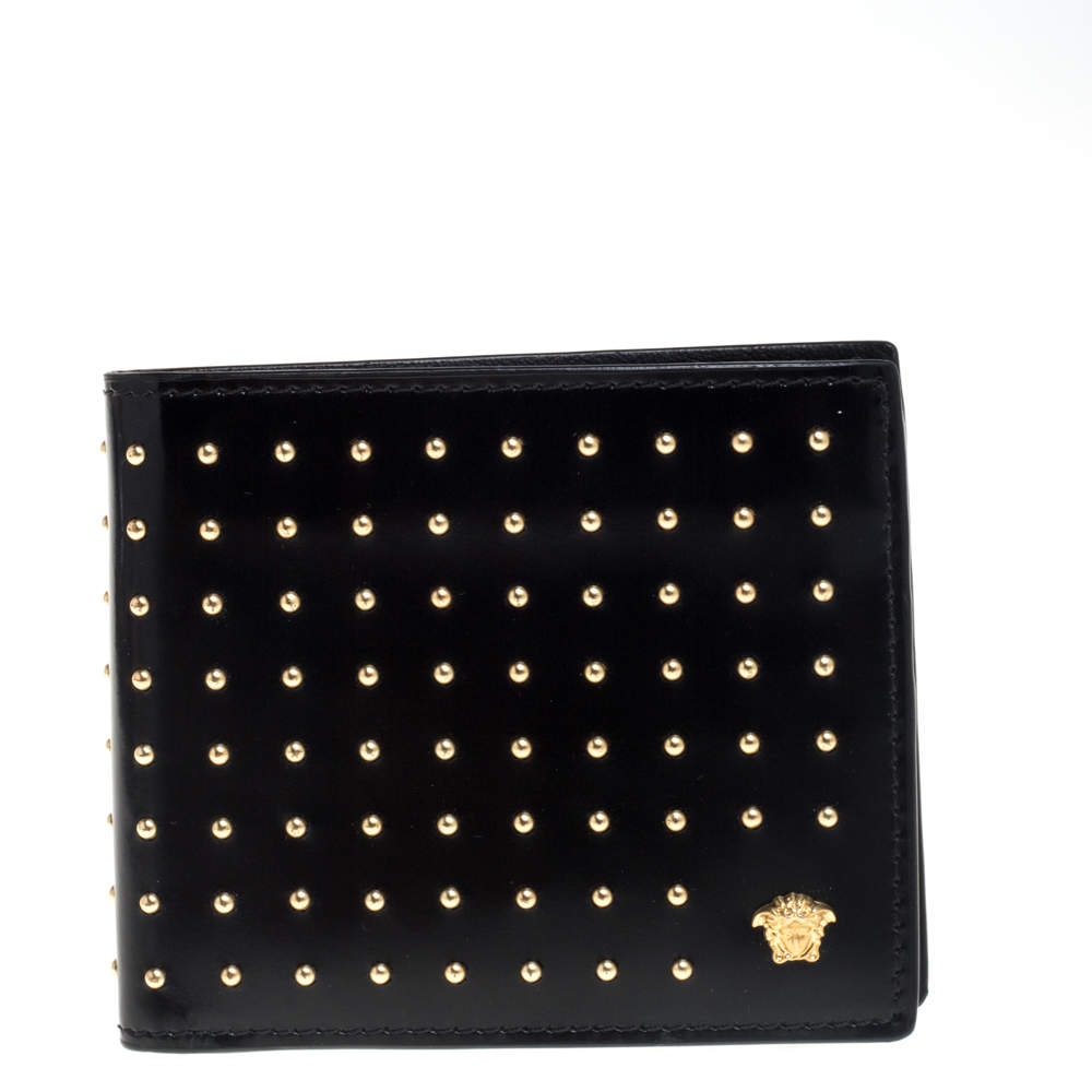 Versace Black Studded Patent Leather Medusa Bifold Wallet