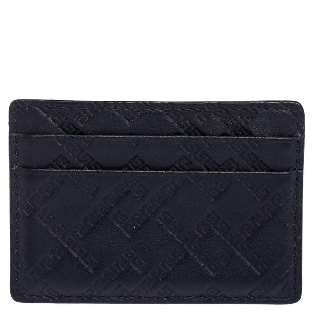 Versace Navy Blue Embossed Signature Leather Card Holder