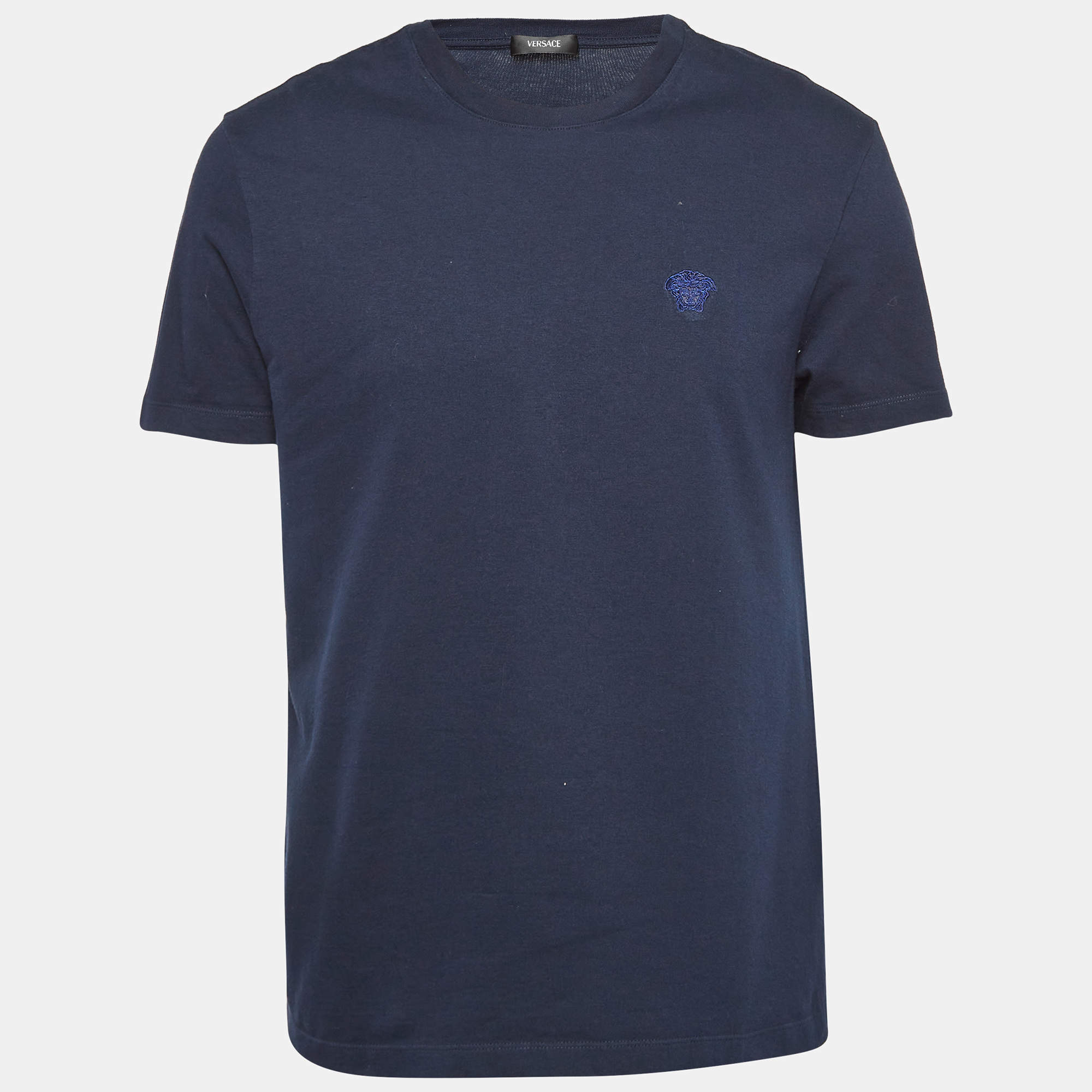 Pre Owned Versace Navy Blue Cotton Knit Round Neck T-Shirt XL