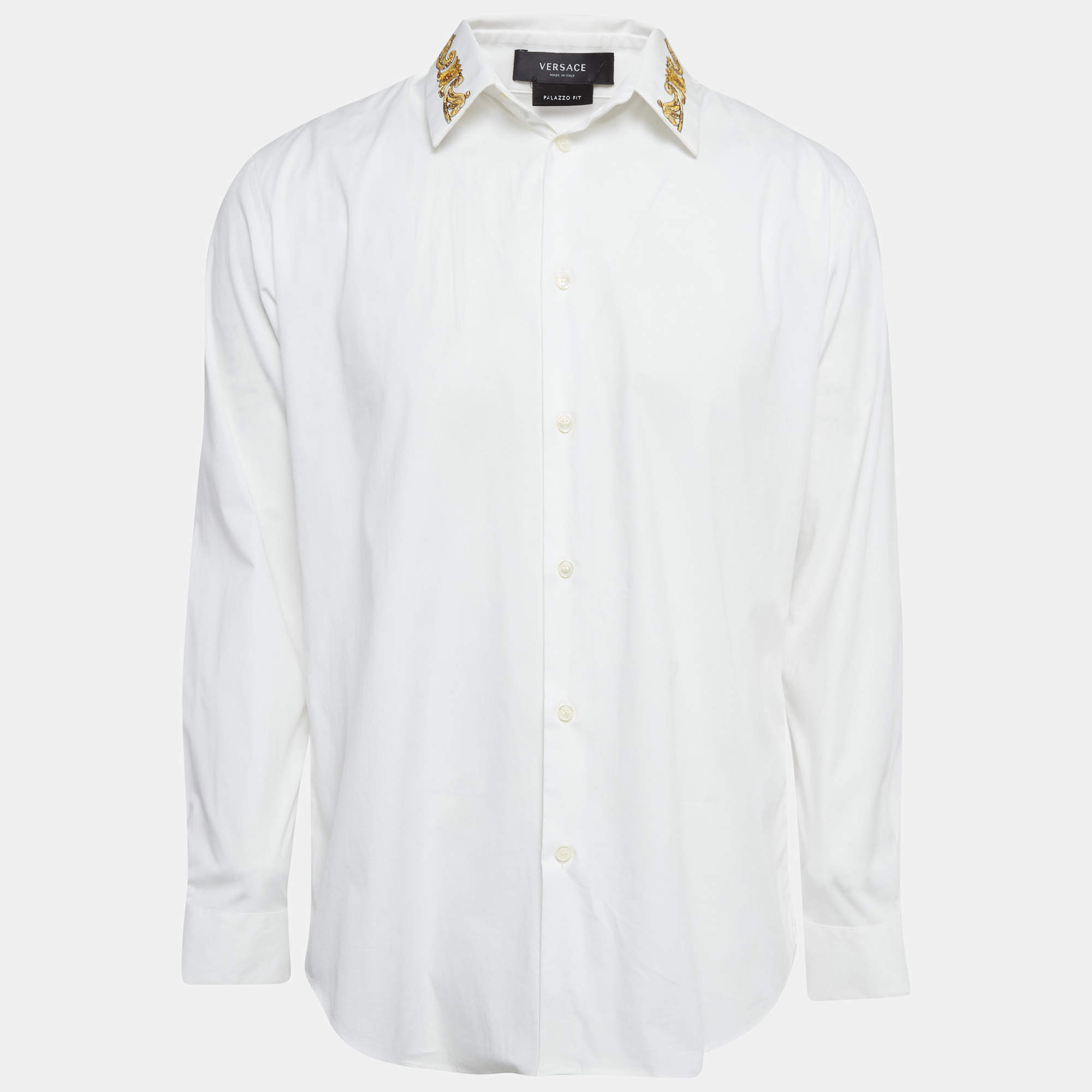 Pre Owned Versace White Baroque Embroidered Collar White Shirt L