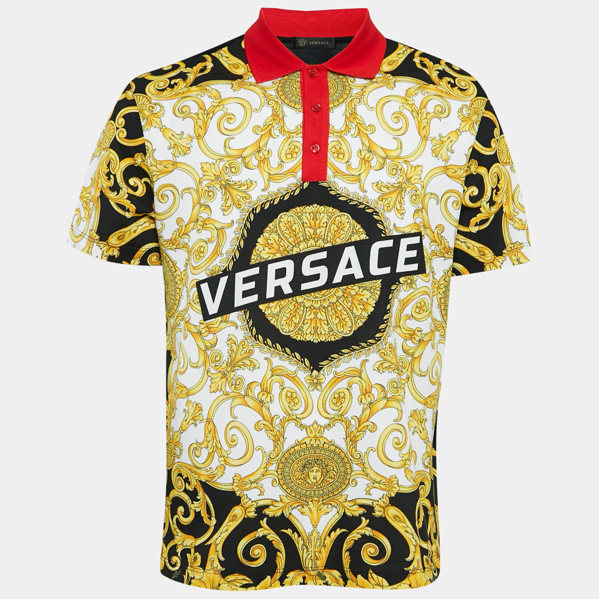 Pre Owned Versace Black Baroque Print Cotton Pique Polo T-Shirt L