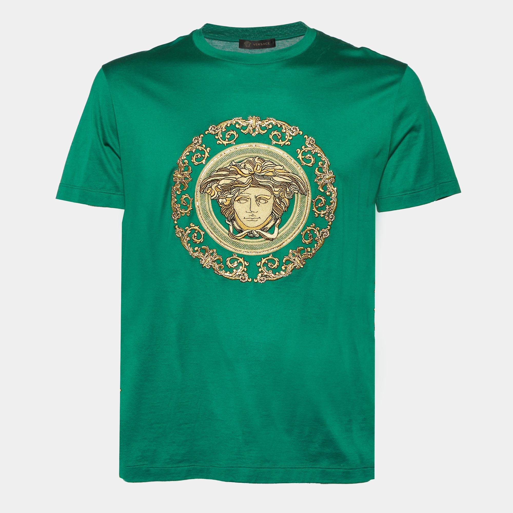 Pre Owned Versace Green Medusa Embellished Cotton T-Shirt L
