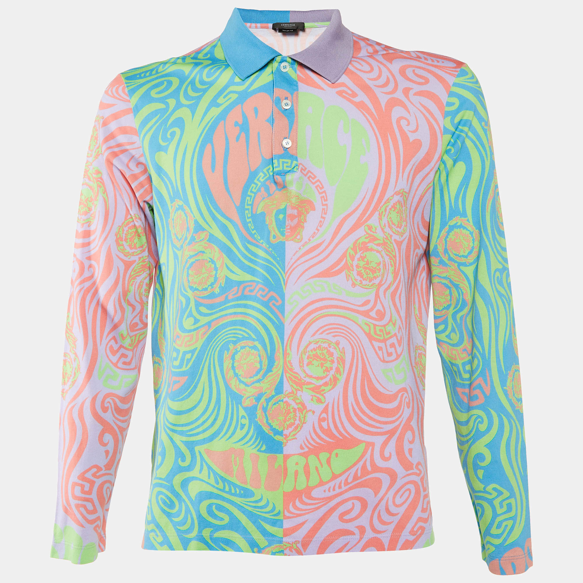 Versace Multicolor Psychedelic Print Cotton Taylor Fit Polo T-Shirt L