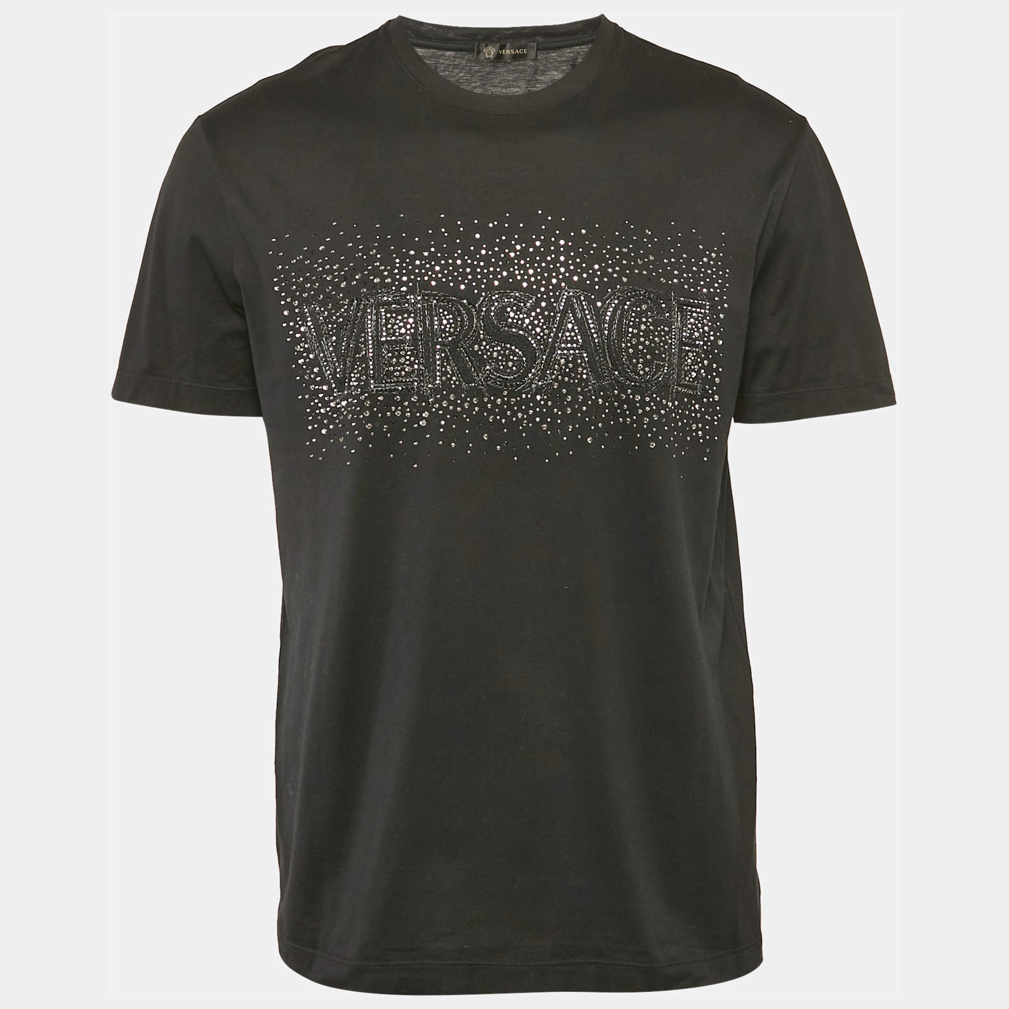 Versace Black Logo Studded Cotton Crew Neck T-Shirt L