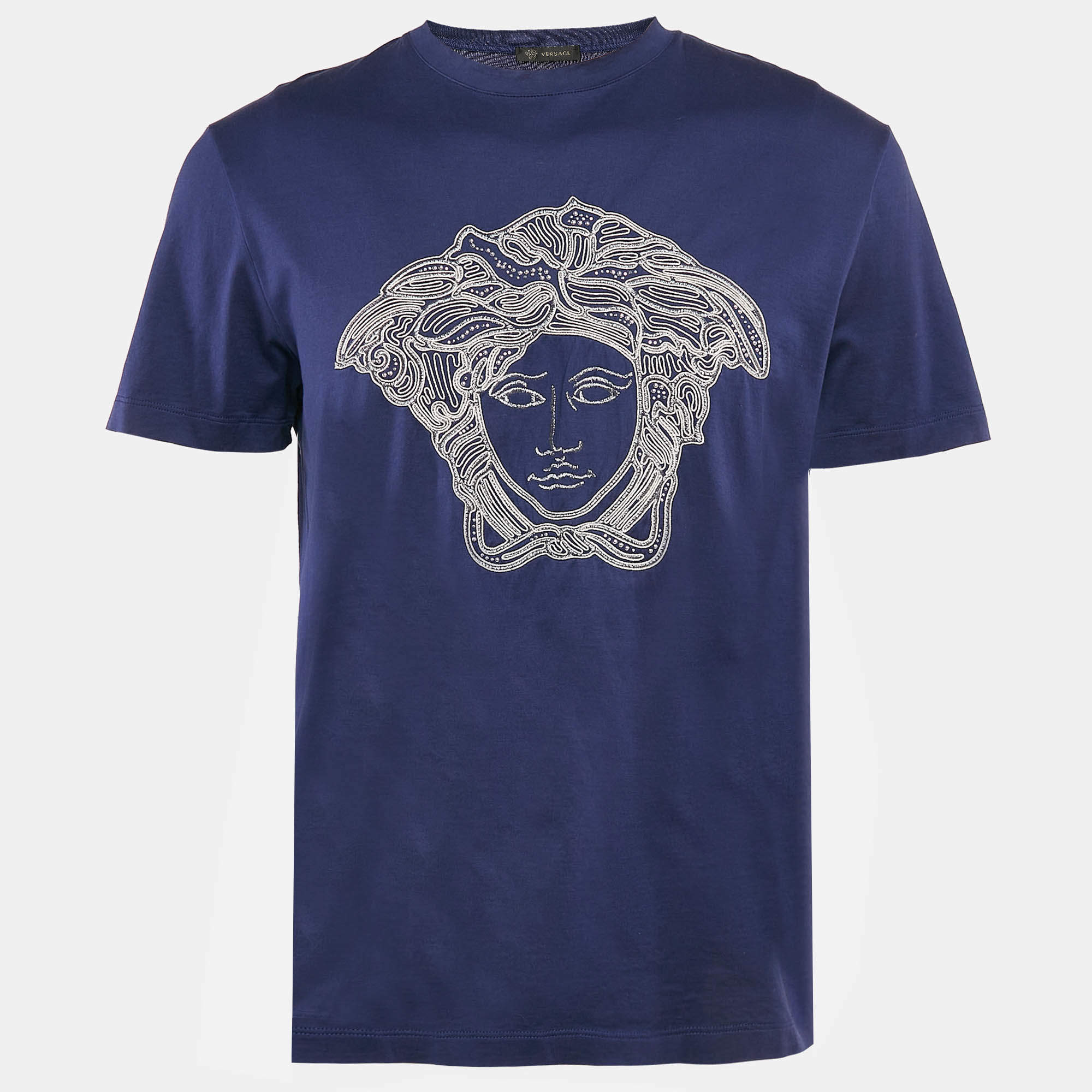 Versace Blue Medusa Embroidered Jersey Crewneck T-Shirt L