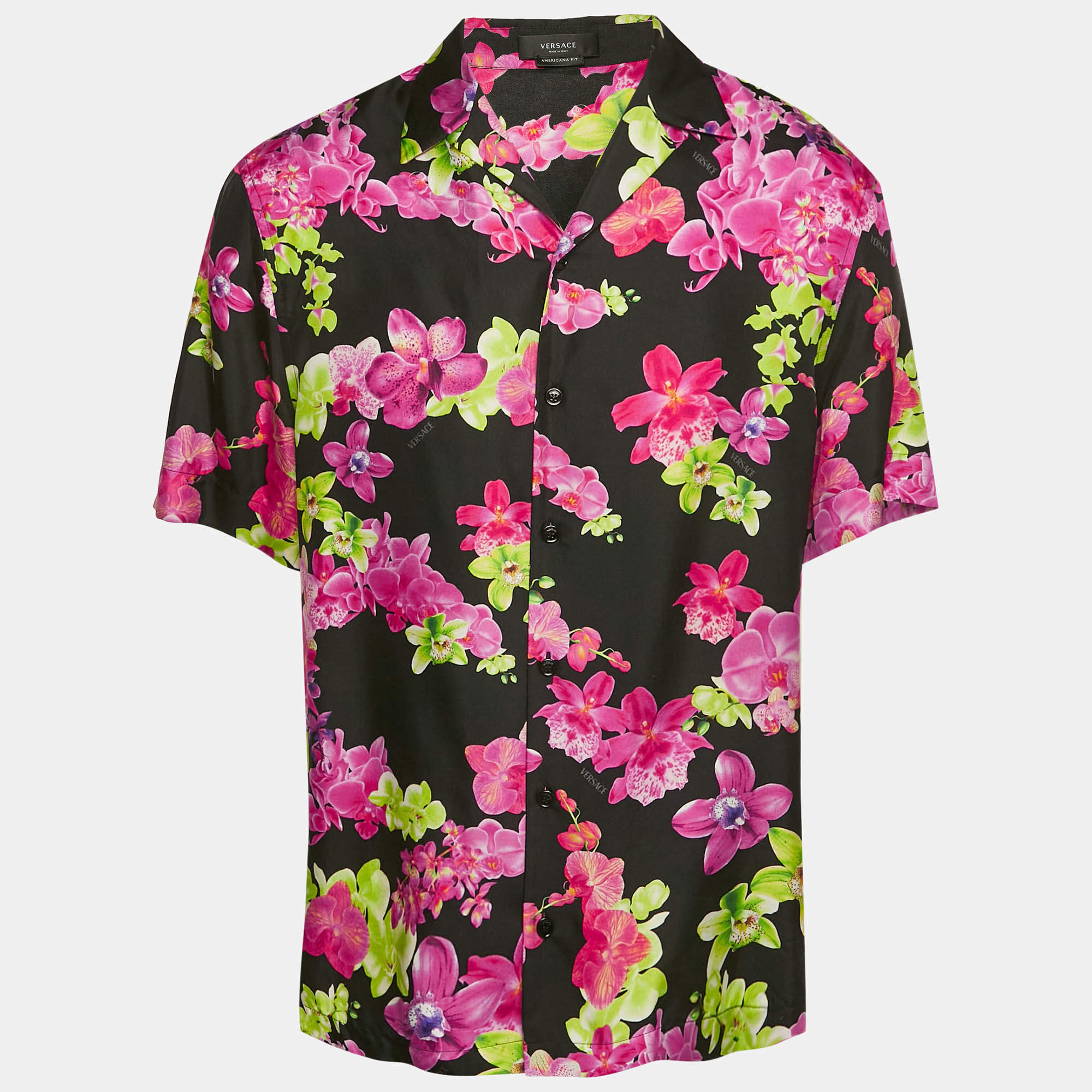 Versace Black/Pink Floral Print Silk American Fit Shirt L