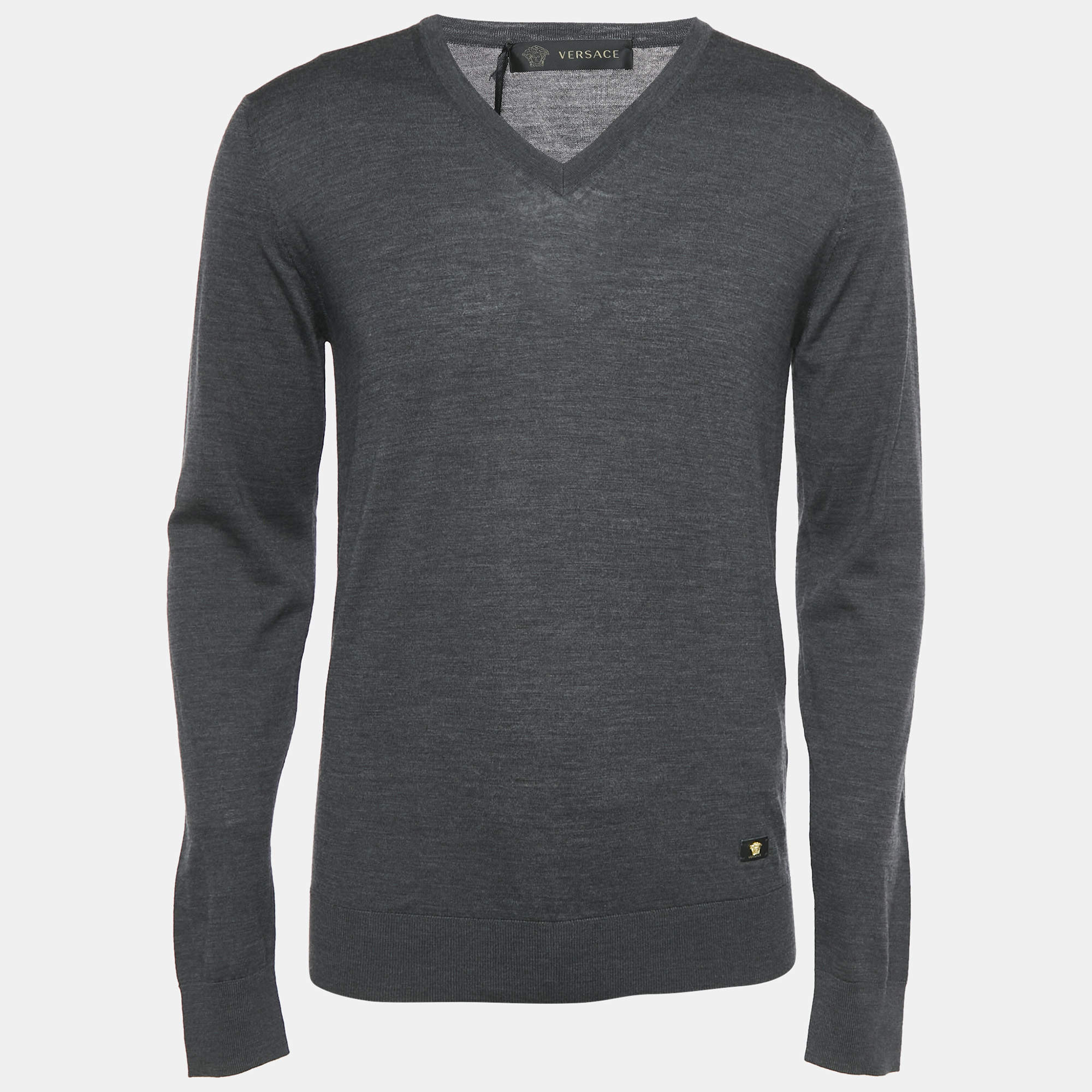 Versace Grey Medusa Applique Wool Knit V-Neck Sweater M