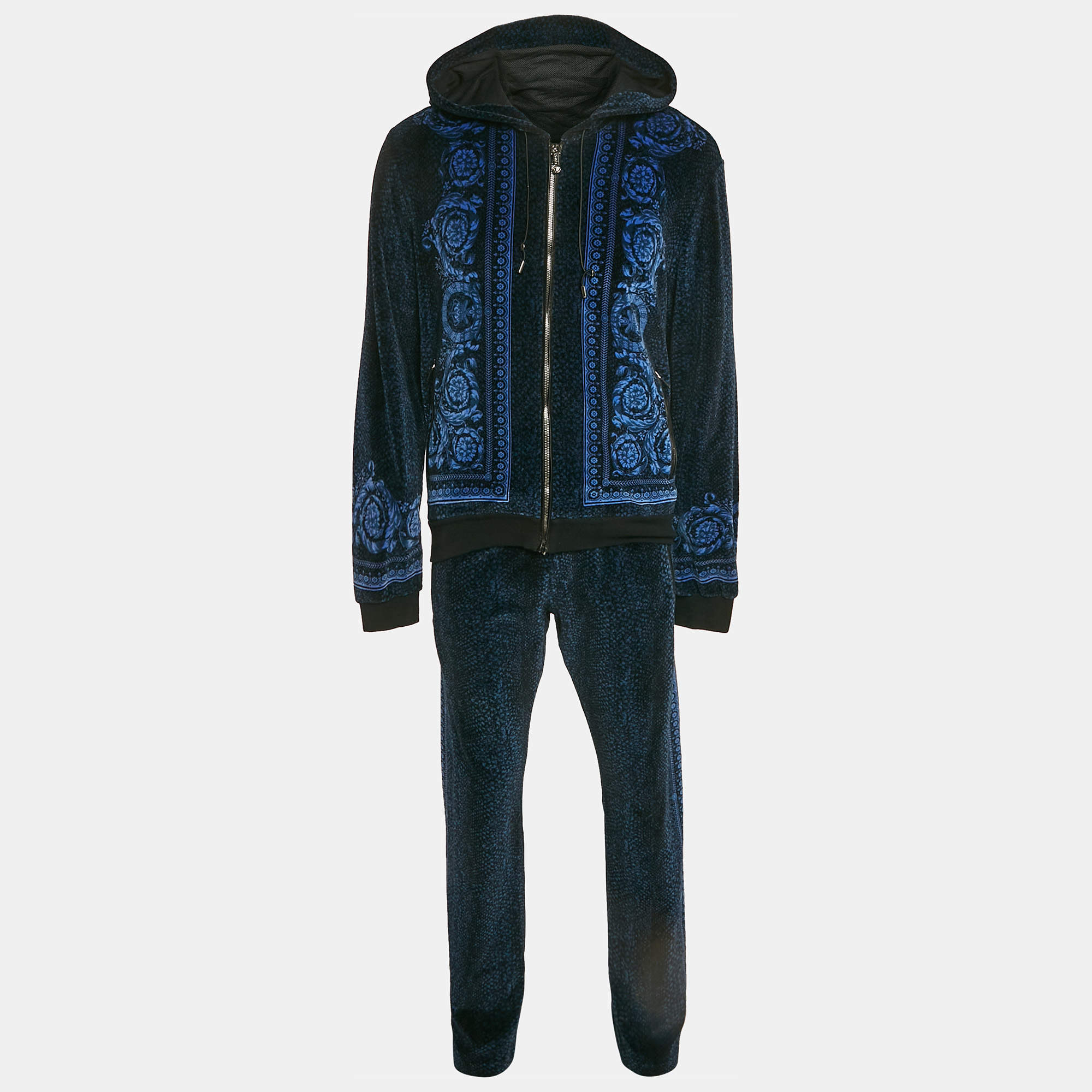 Versace Navy Blue Floral Print Velvor Track Suit M