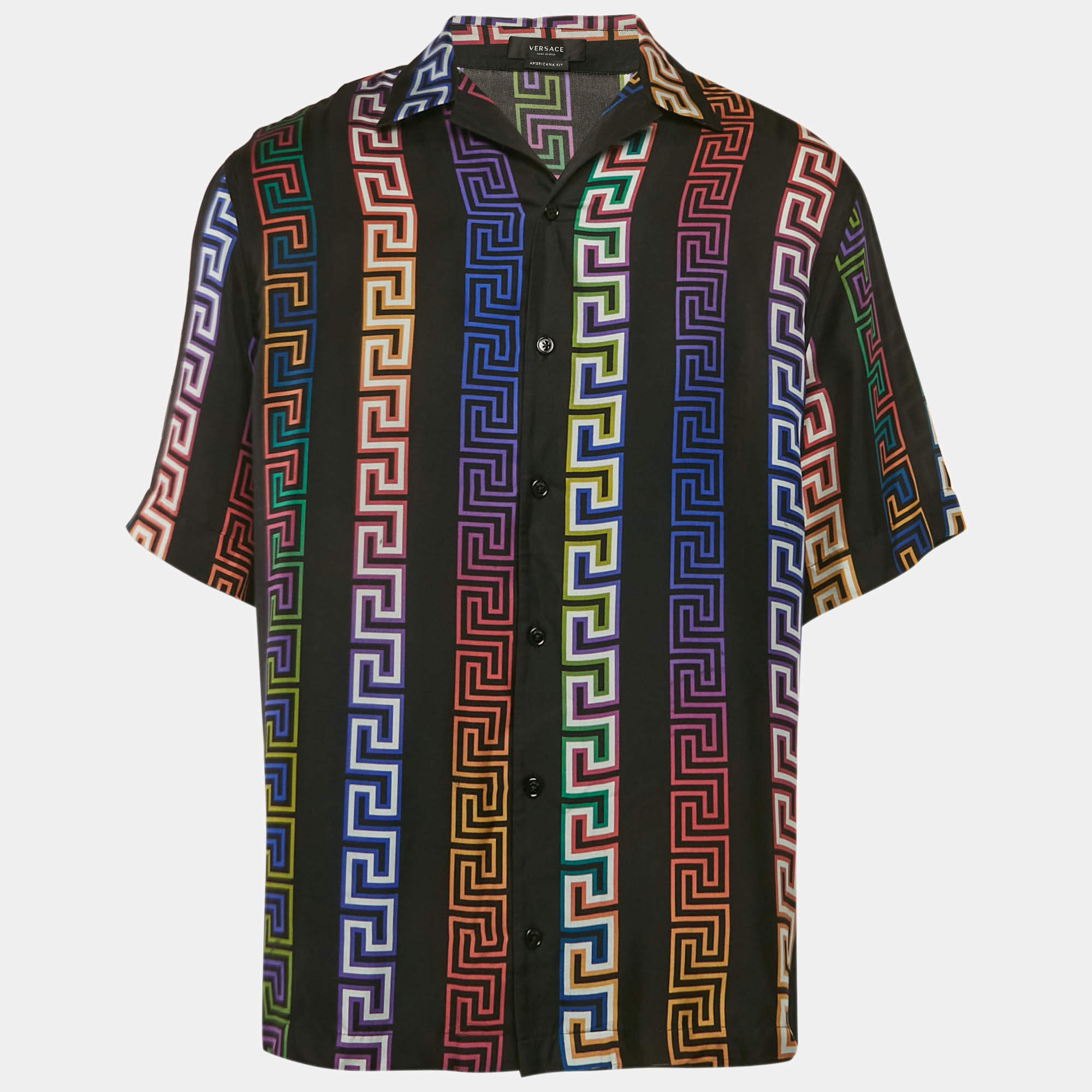 مملوكة مسبقًا Versace Black Greek Key Print Silk Half Sleeve Shirt L