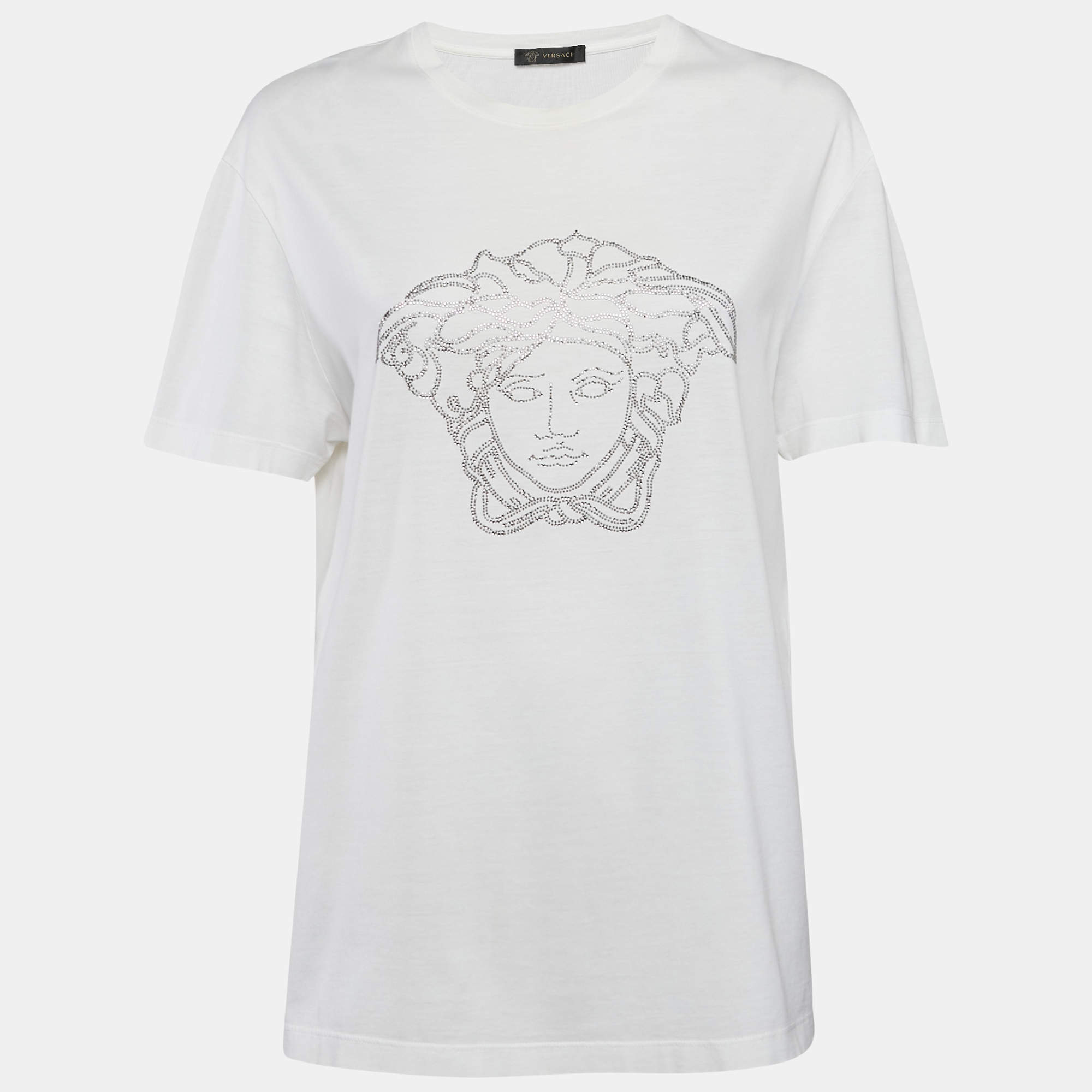 Versace Whte Medusa Embellished Jersey Crewneck T-Shirt 