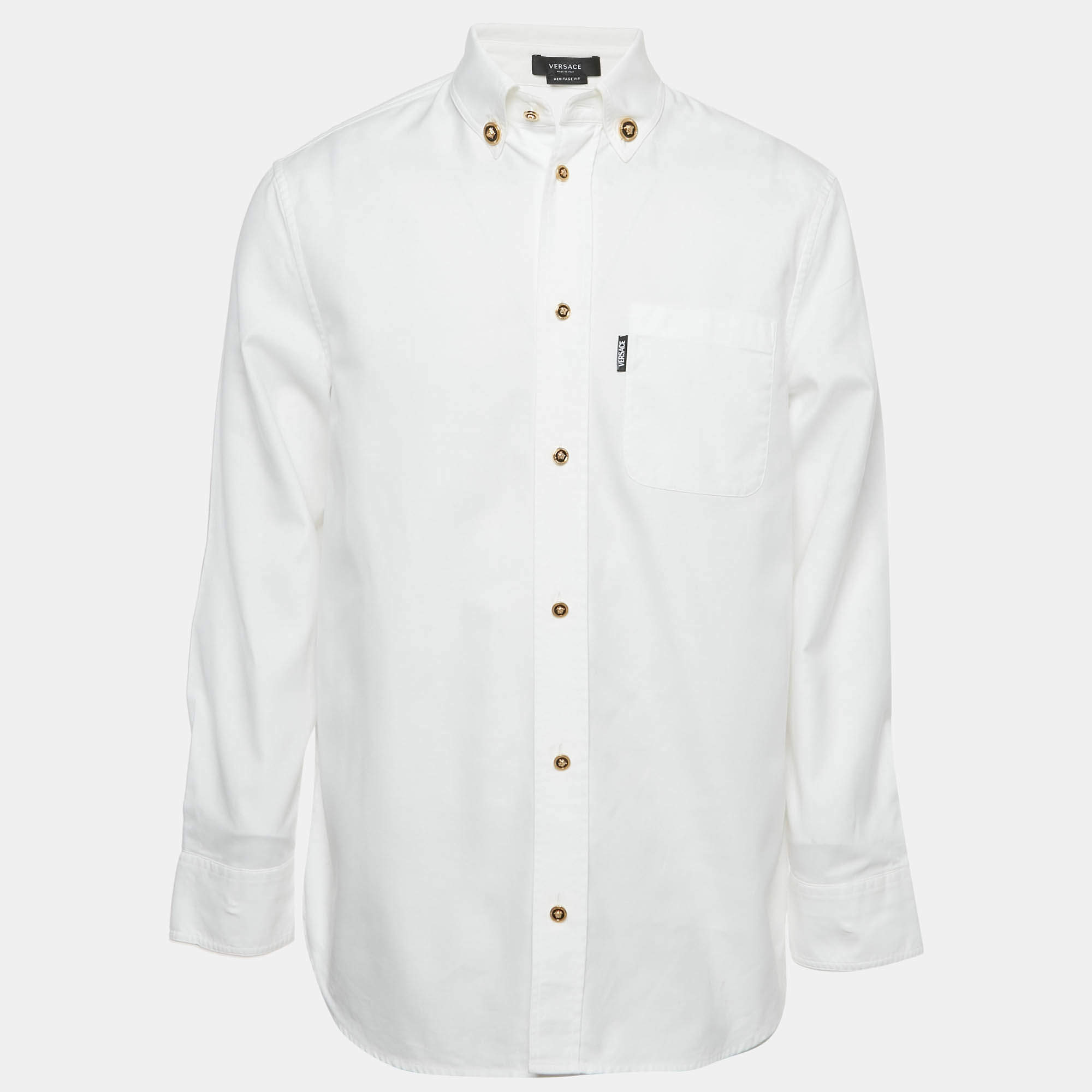Pre Owned Versace White Cotton Medusa Detail Button Heritage Fit Shirt S