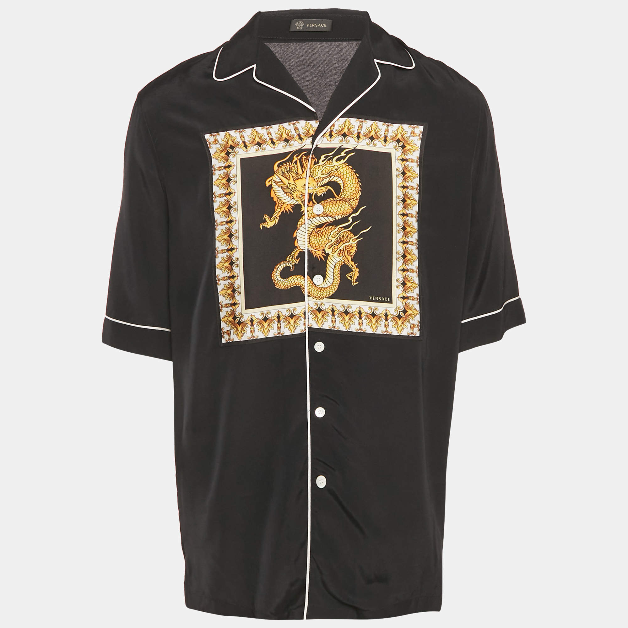 Pre Owned قميص فيرساتشي حرير وكريب طباعة التنين الأسود كم قصير مقاس كبير