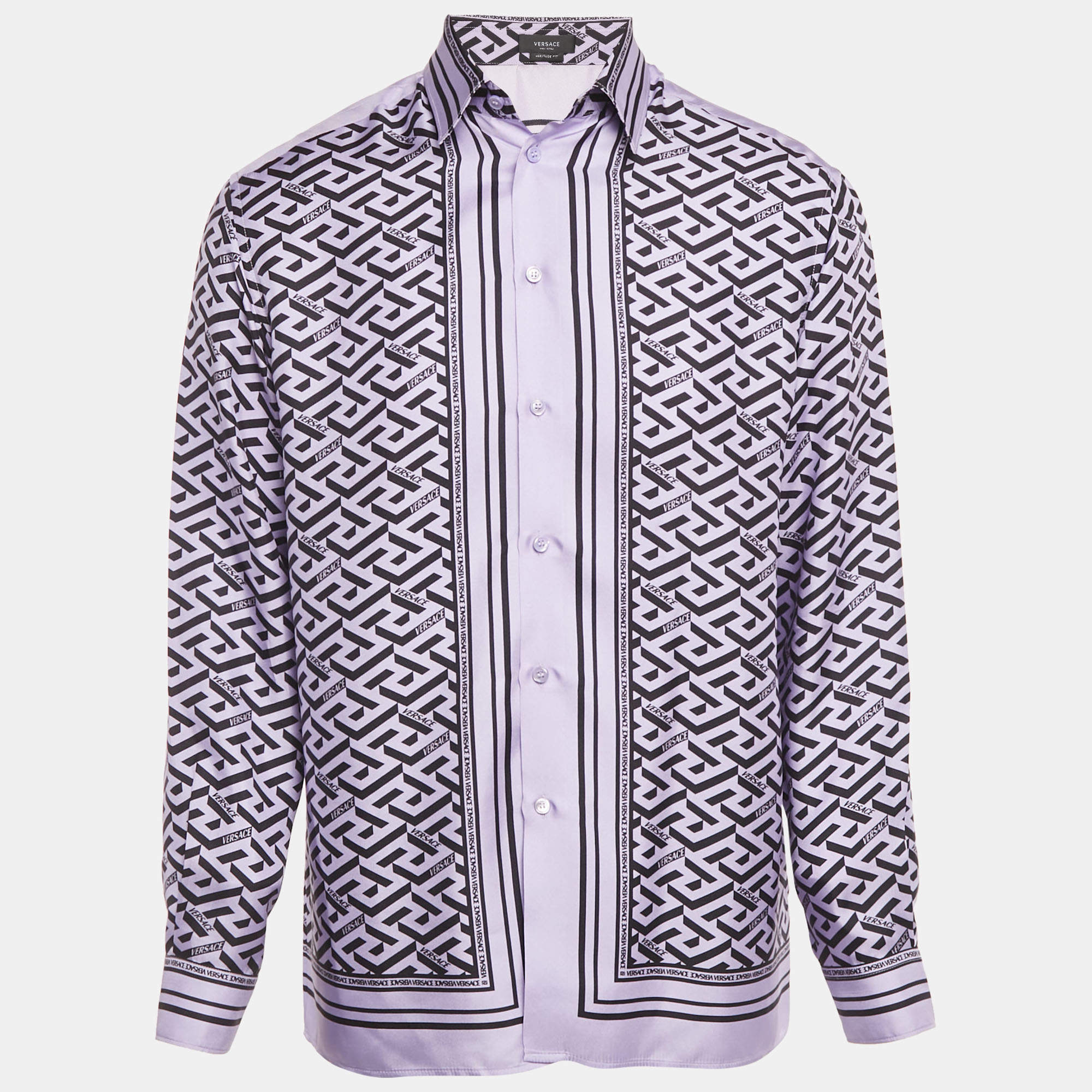 Pre Owned Versace Purple Logo Print Silk Heritage Fit Shirt M
