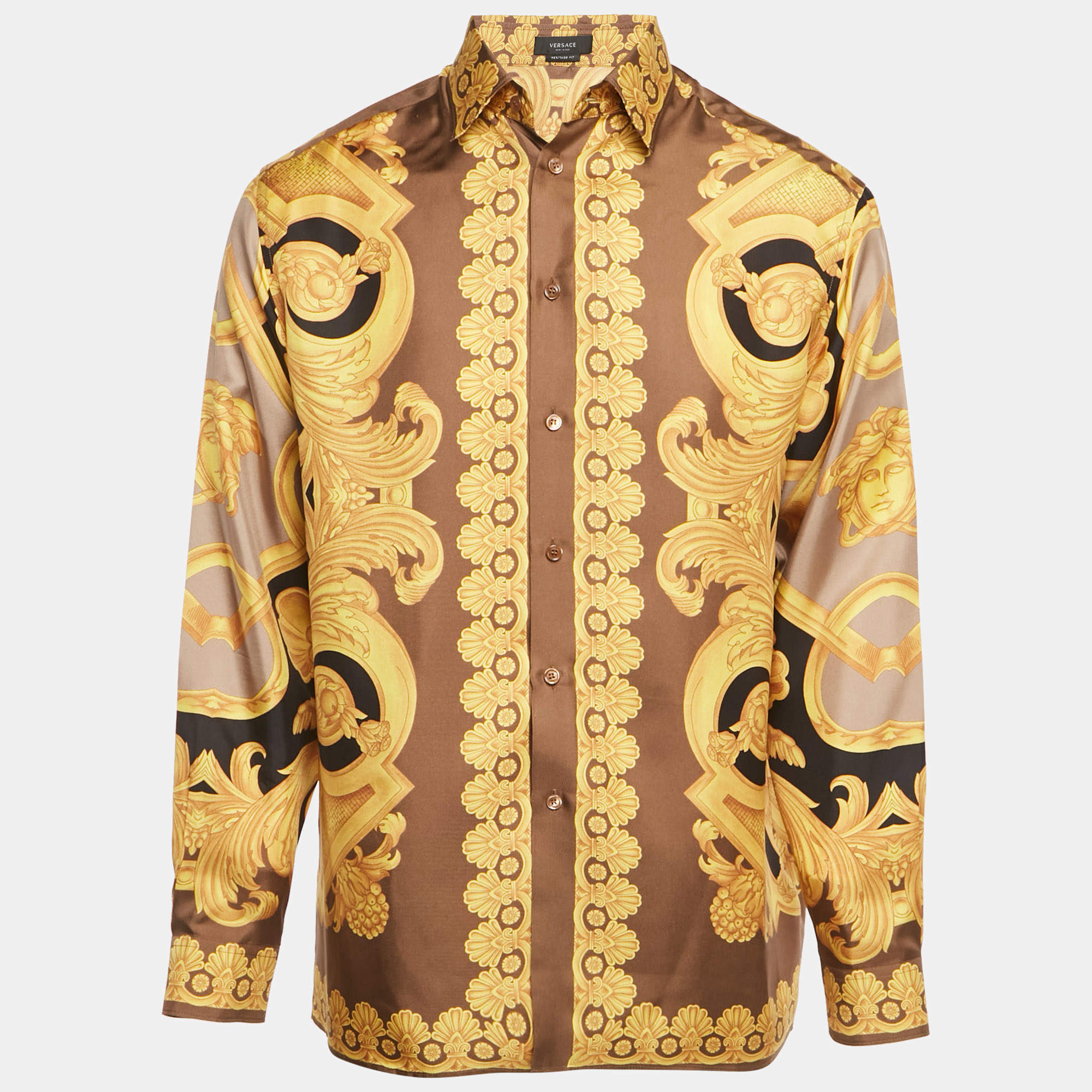 Pre Owned Versace Yellow/Beige Barocco Print Silk Heritage Fit Shirt M