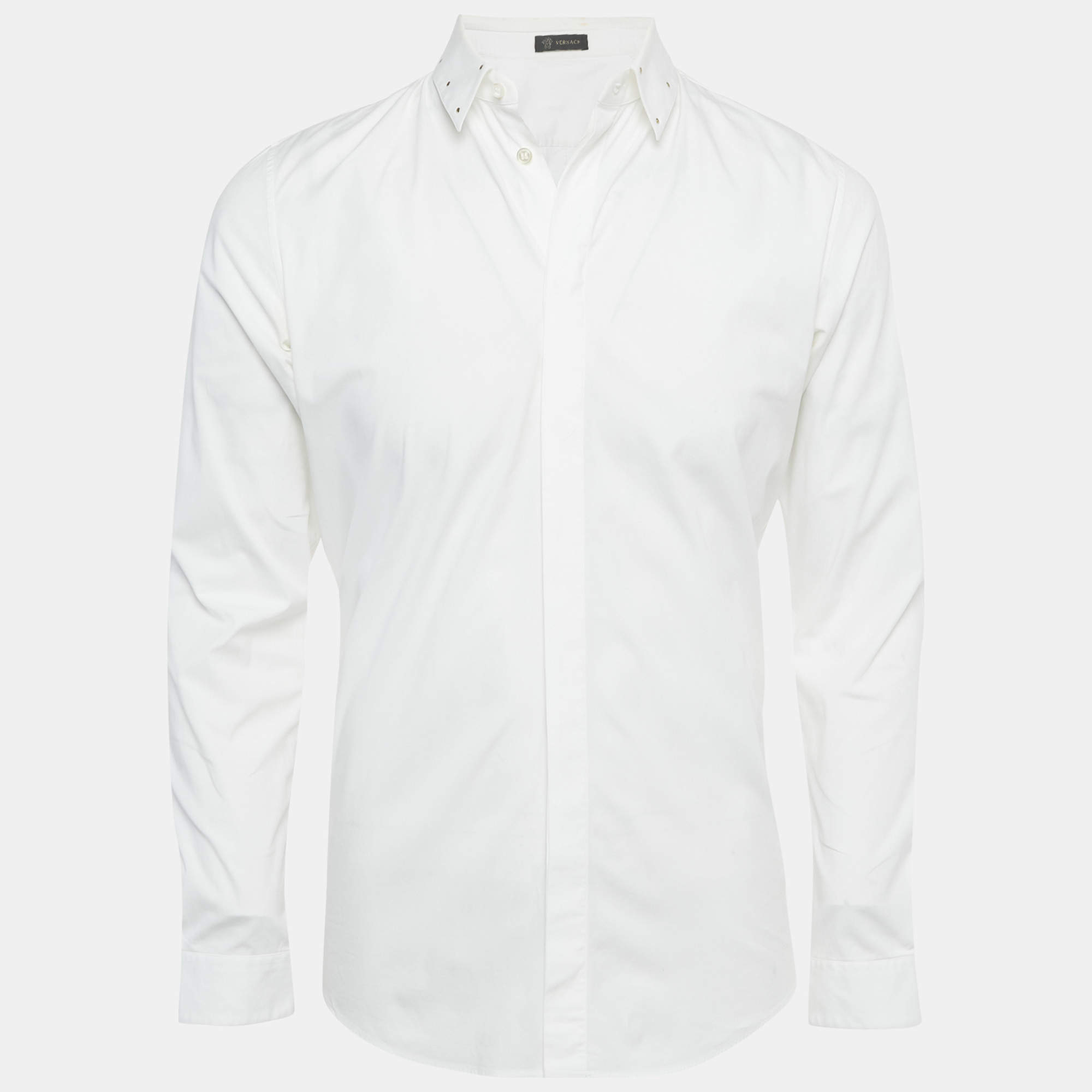Pre Owned Versace White Cotton Studded Collar Shirt M