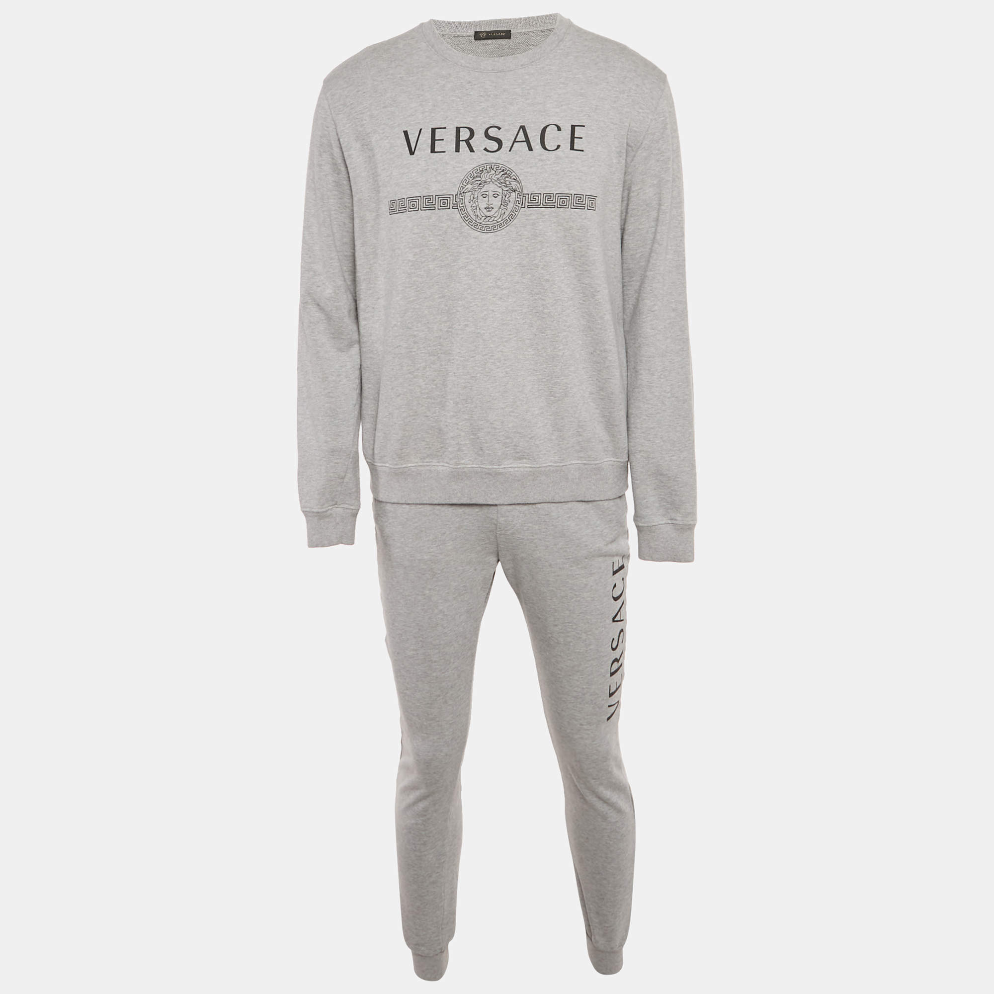 Pre Owned Versace Grey Medusa Print Cotton Sweatshirt & Jogger Set XL/M