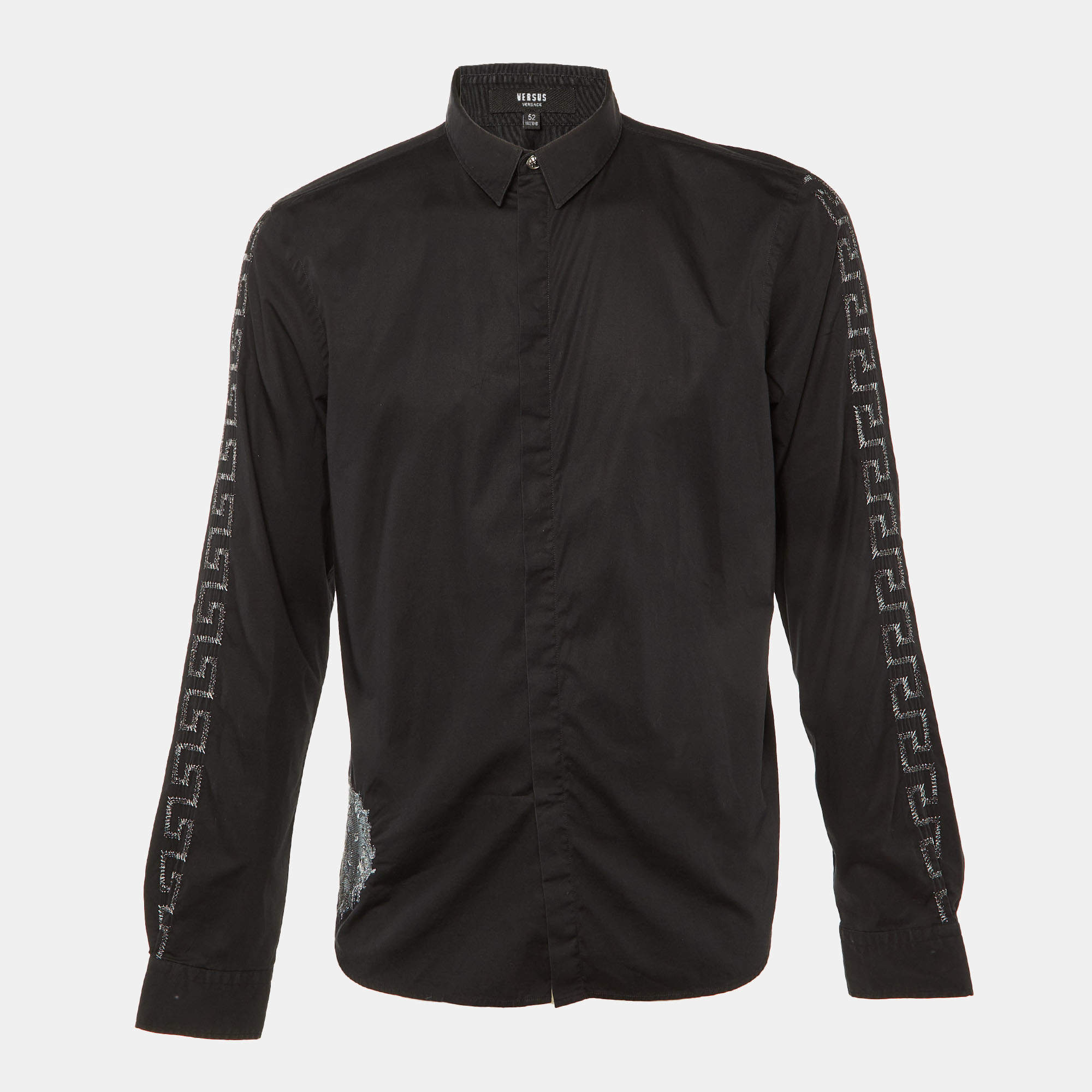 Pre Owned Versus Versace Black Cotton Lion Greca Embroidered Long Sleeve Shirt XL