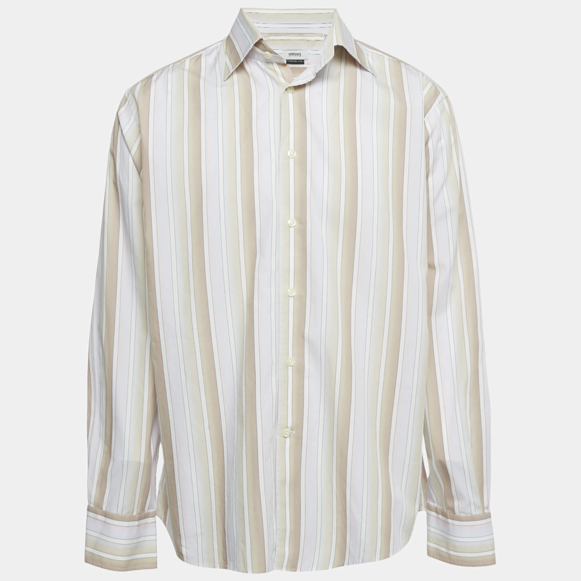 مملوكة مسبقًا قميص فيرساتشي قطن مخطط زر أمامي وردي مقاس كبير جدًا جدًا - ثلاثة إكس لارج