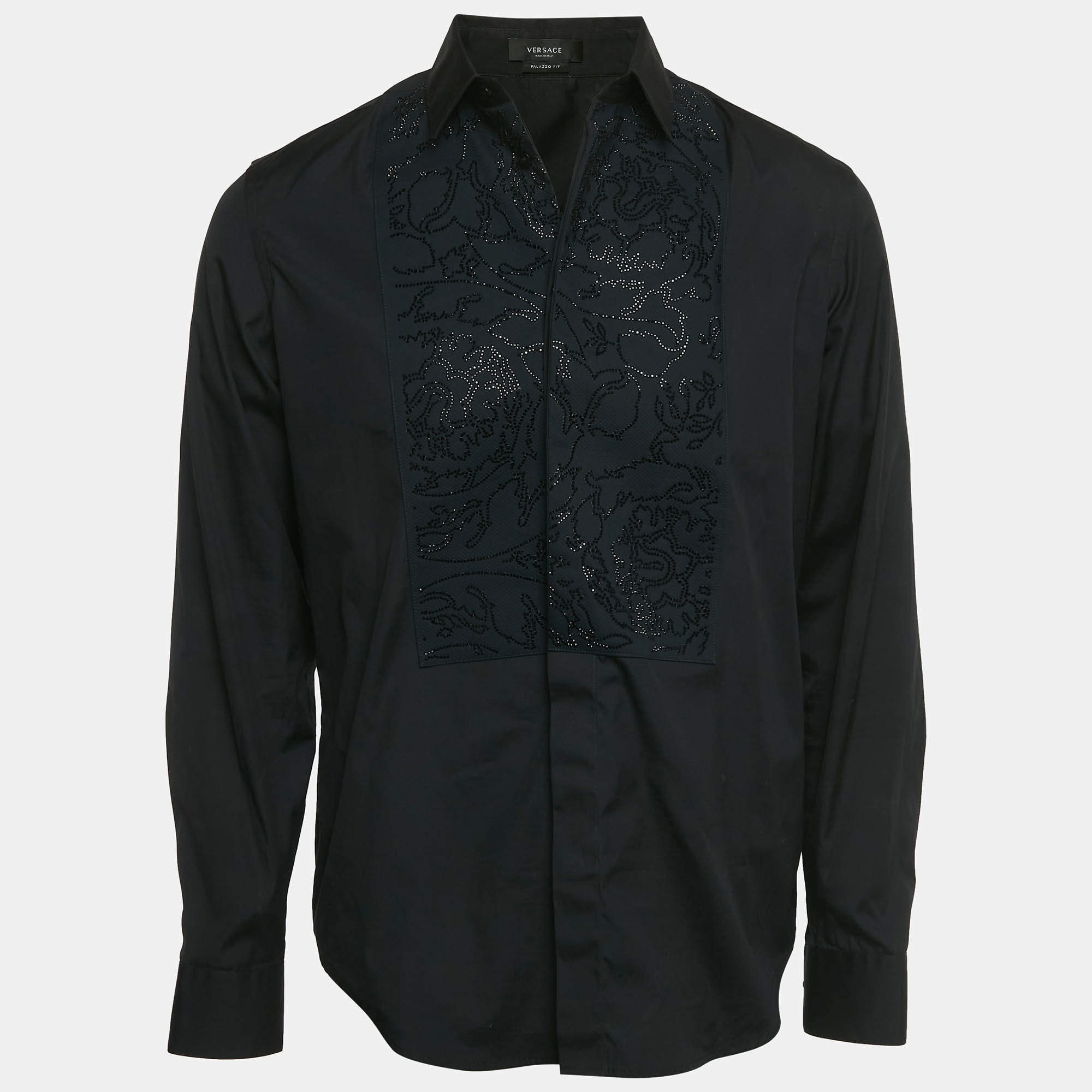 Pre Owned Versace Black Rhinestone Cotton Palazzo Fit Tuxedo Shirt M