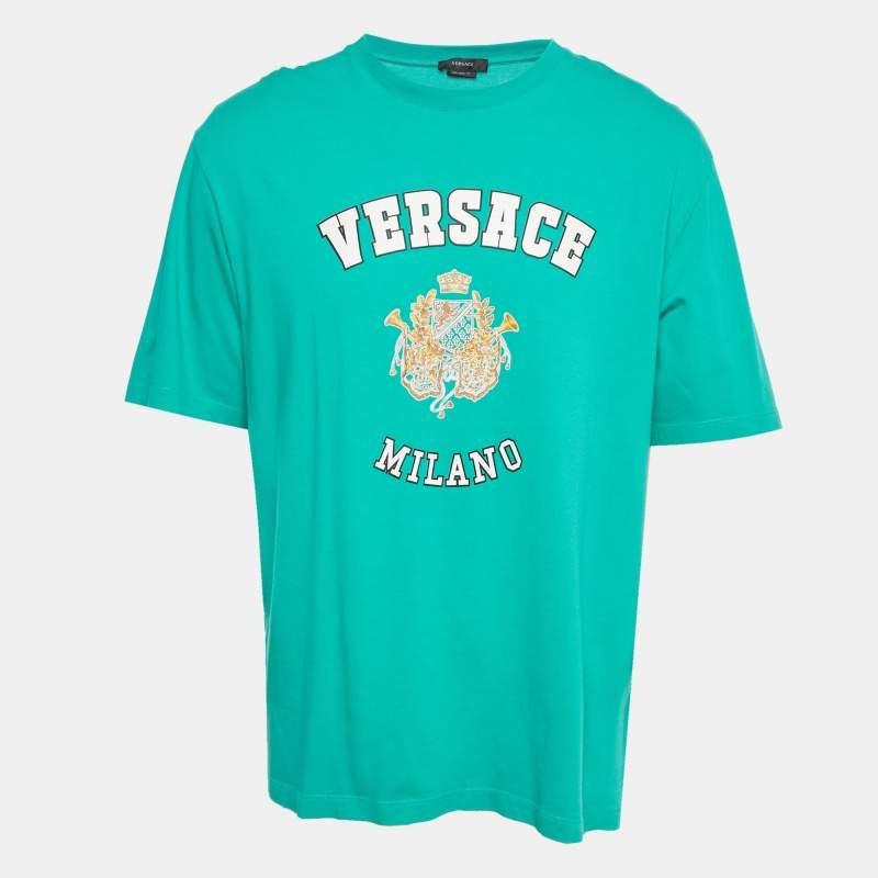 Pre Owned Versace Green Logo Print Cotton Royal Rebellion Crewneck T-Shirt M