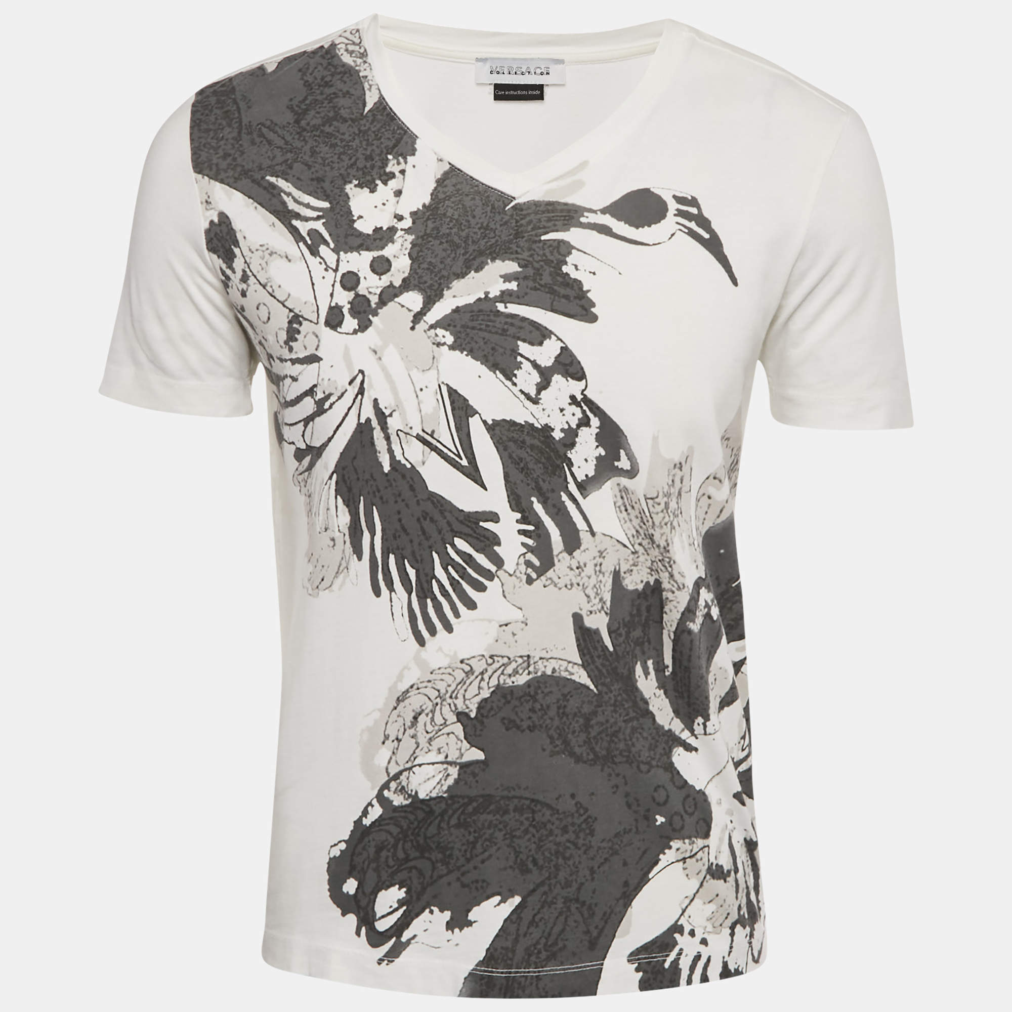 Pre Owned Versace White Printed Jersey V-Neck T-Shirt S