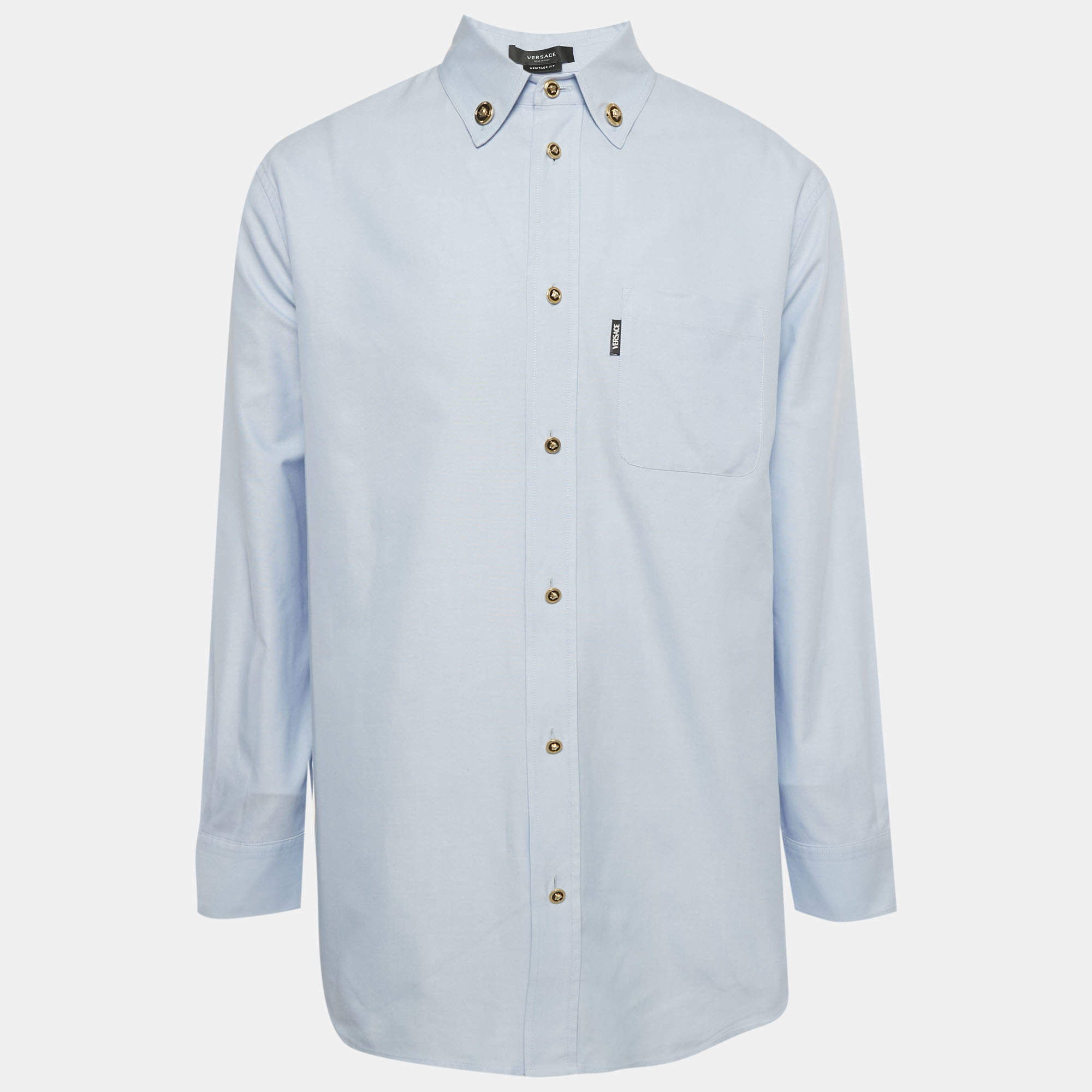 Pre Owned Versace Blue Cotton Medusa Button Heritage Fit Shirt L