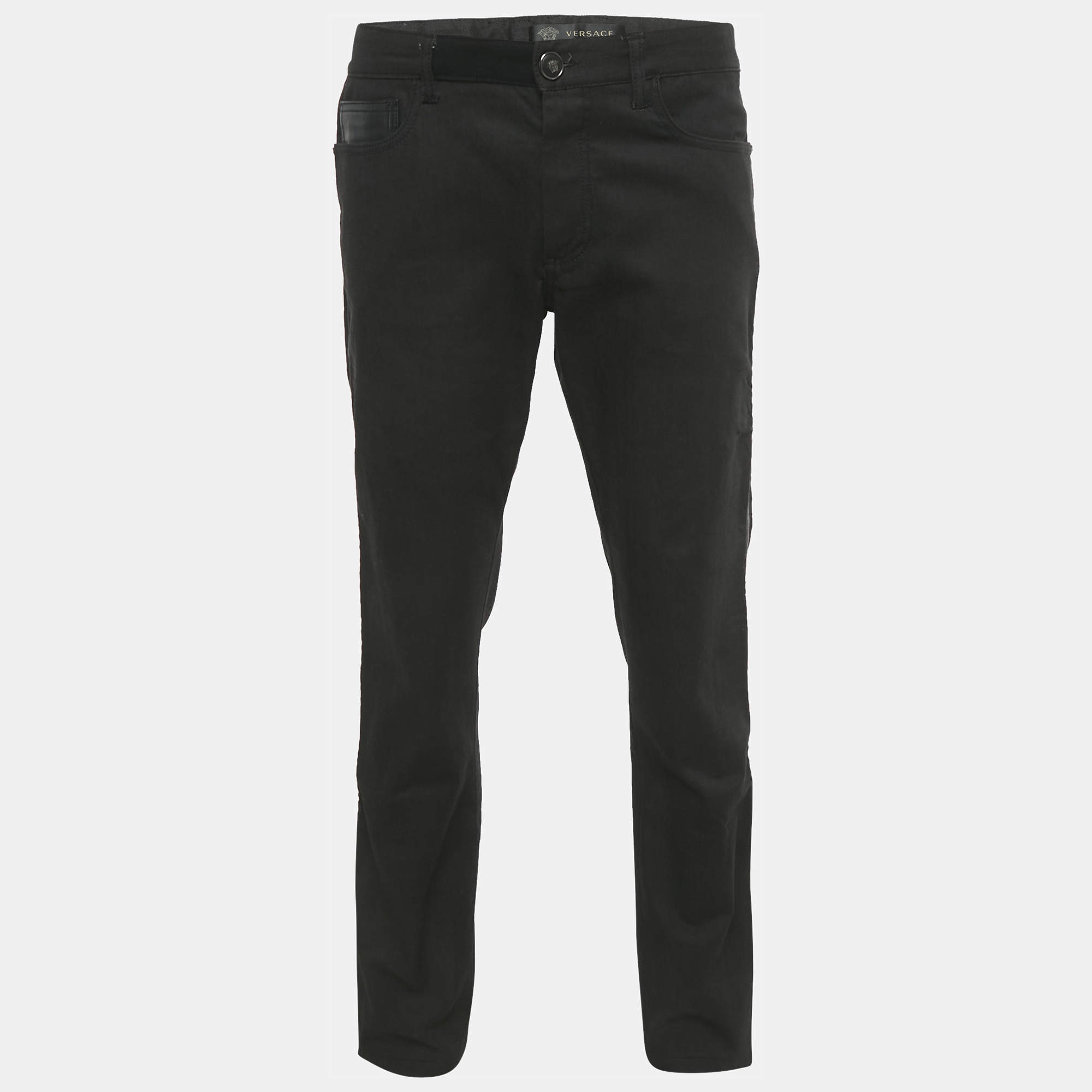 Pre Owned بنطلون جينز فيرساتشي أسود جزئي جلد مقاس كبير جداً (اكس لارج) (محيط الخصر 36)