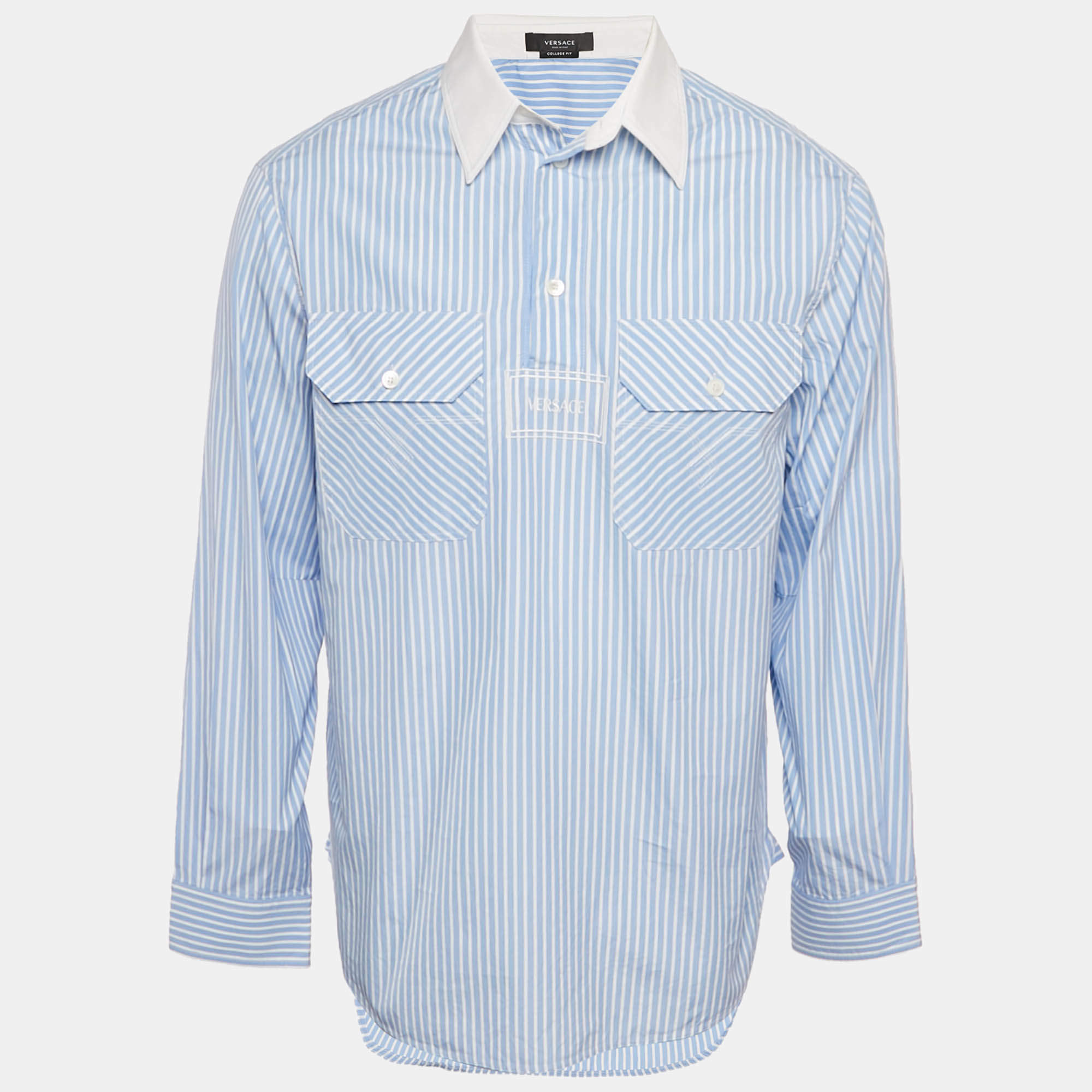 Pre Owned Versace Blue & White Striped Cotton College Fit Shirt S