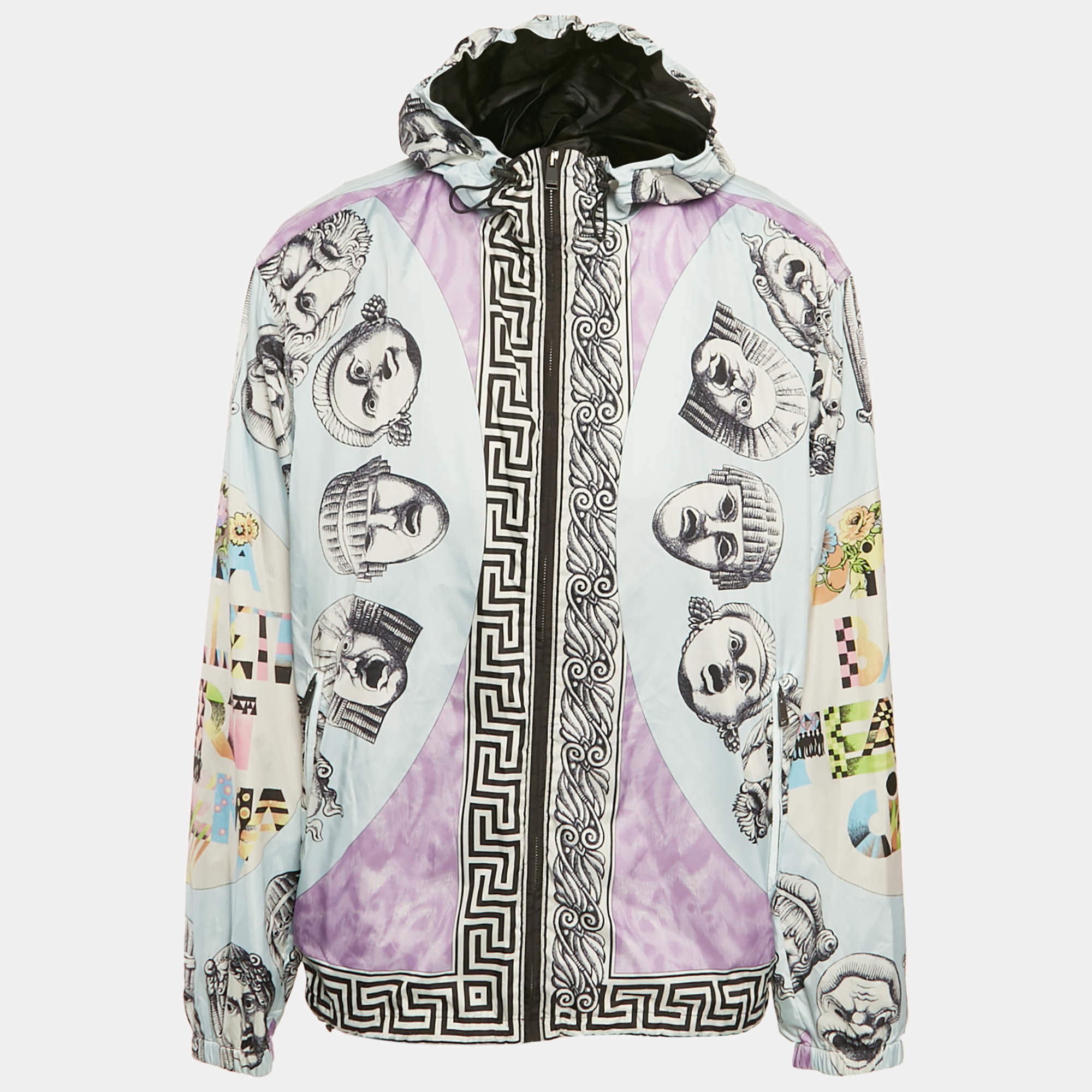Pre Owned Versace Blue Printed Nylon Zip Front Jacket 4XL