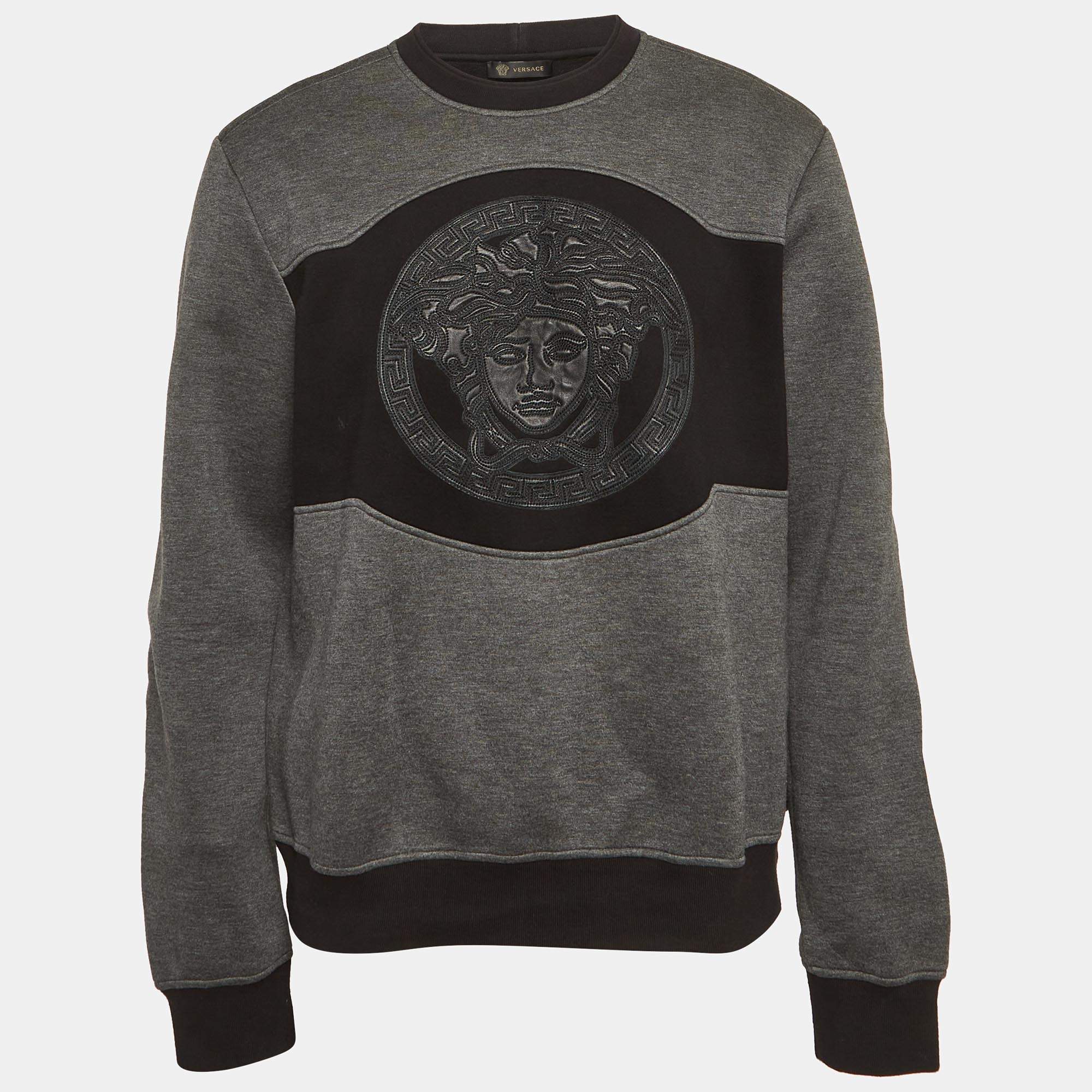 Pre Owned Versace Grey Medusa Leather Trim Neoprene Sweatshirt L