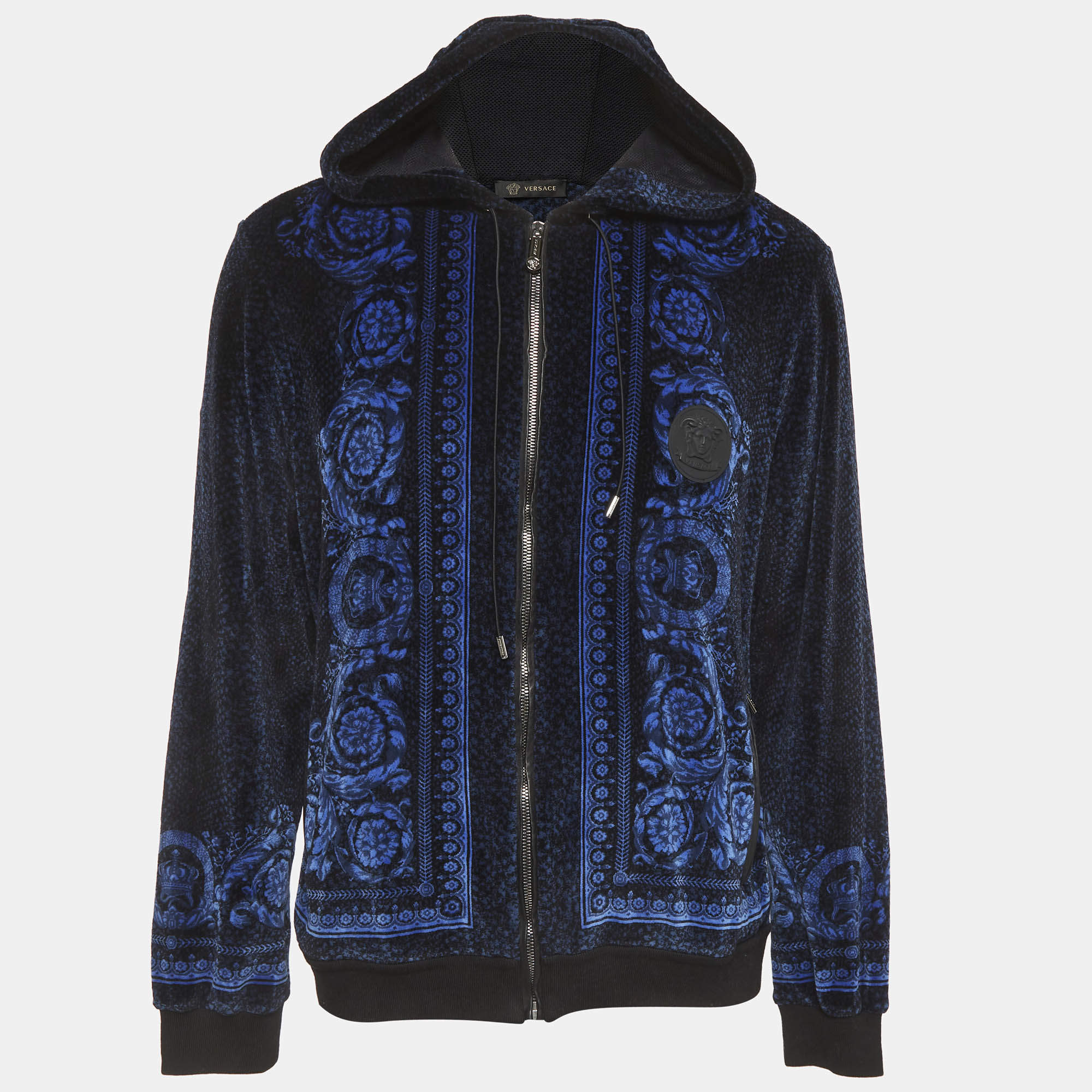 مملوكة مسبقًا Versace Blue Jacquard Velvet Leather Trim Zip Front Hoodie L