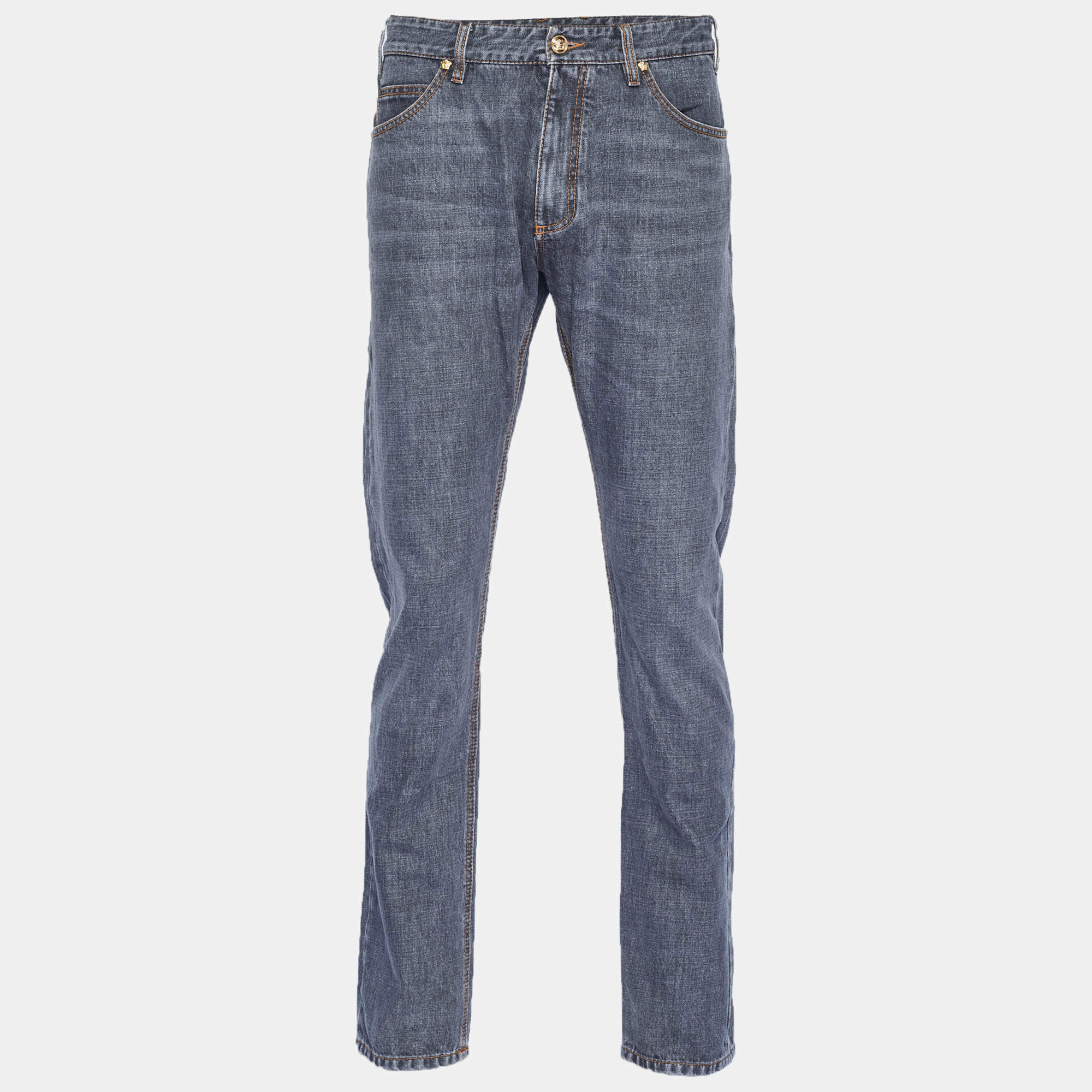 مملوكة مسبقًا Versace Grey Leather Medusa Trim Denim Jeans XL/Waist 36"