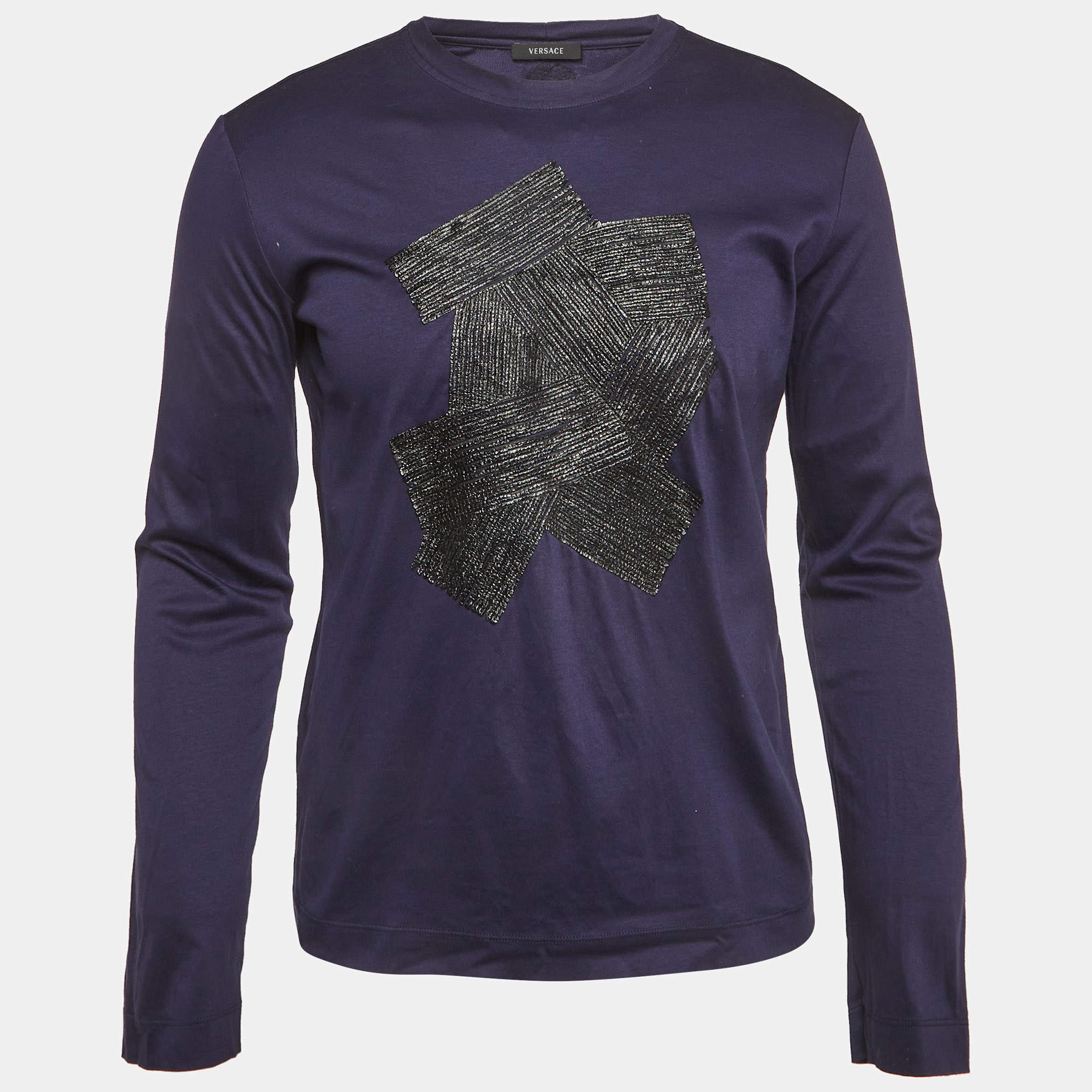 Pre Owned Versace Nacvy Blue Leather Applique Jersey T-Shirt M