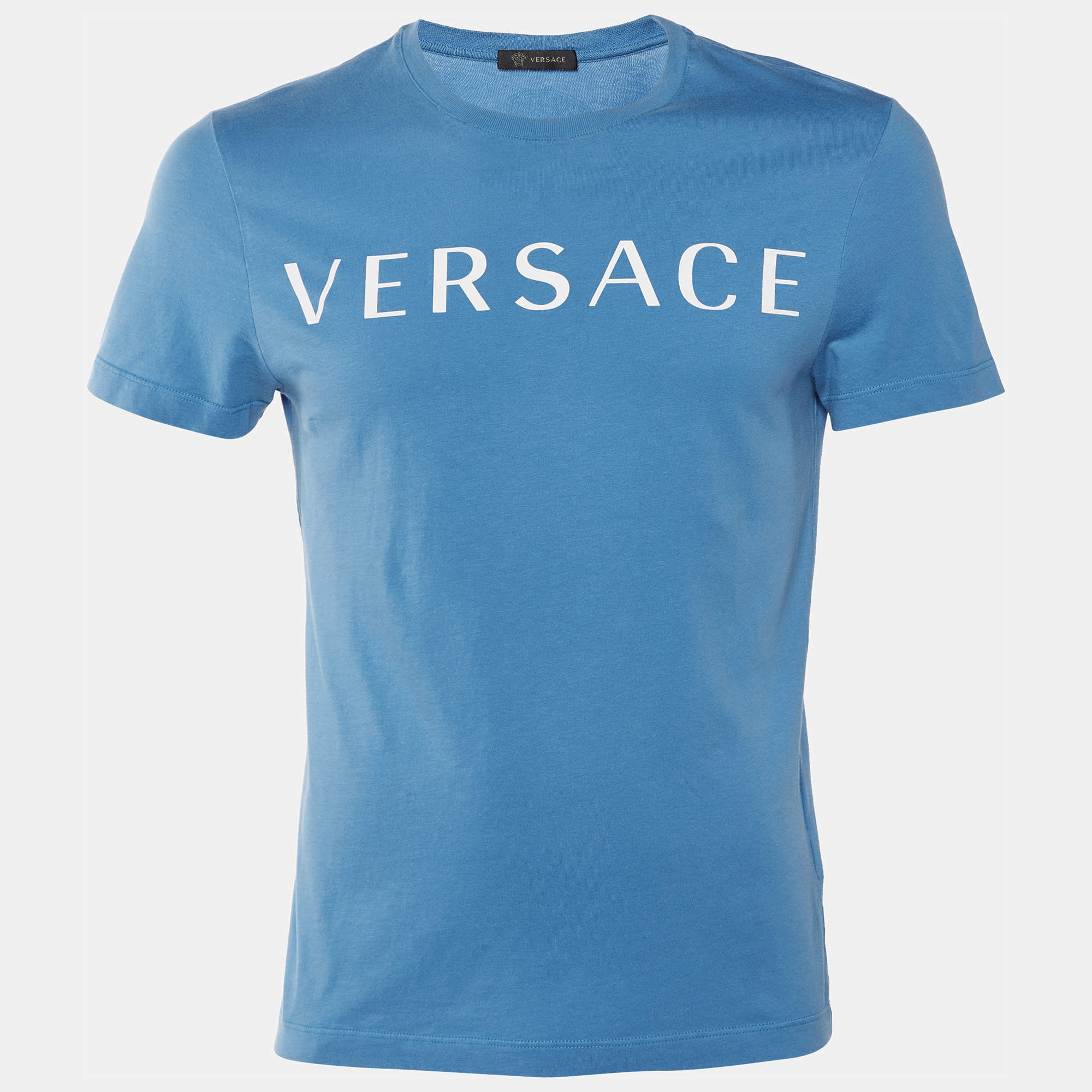 Pre Owned Versace Blue Logo Print Cotton Crew Neck T-Shirt S
