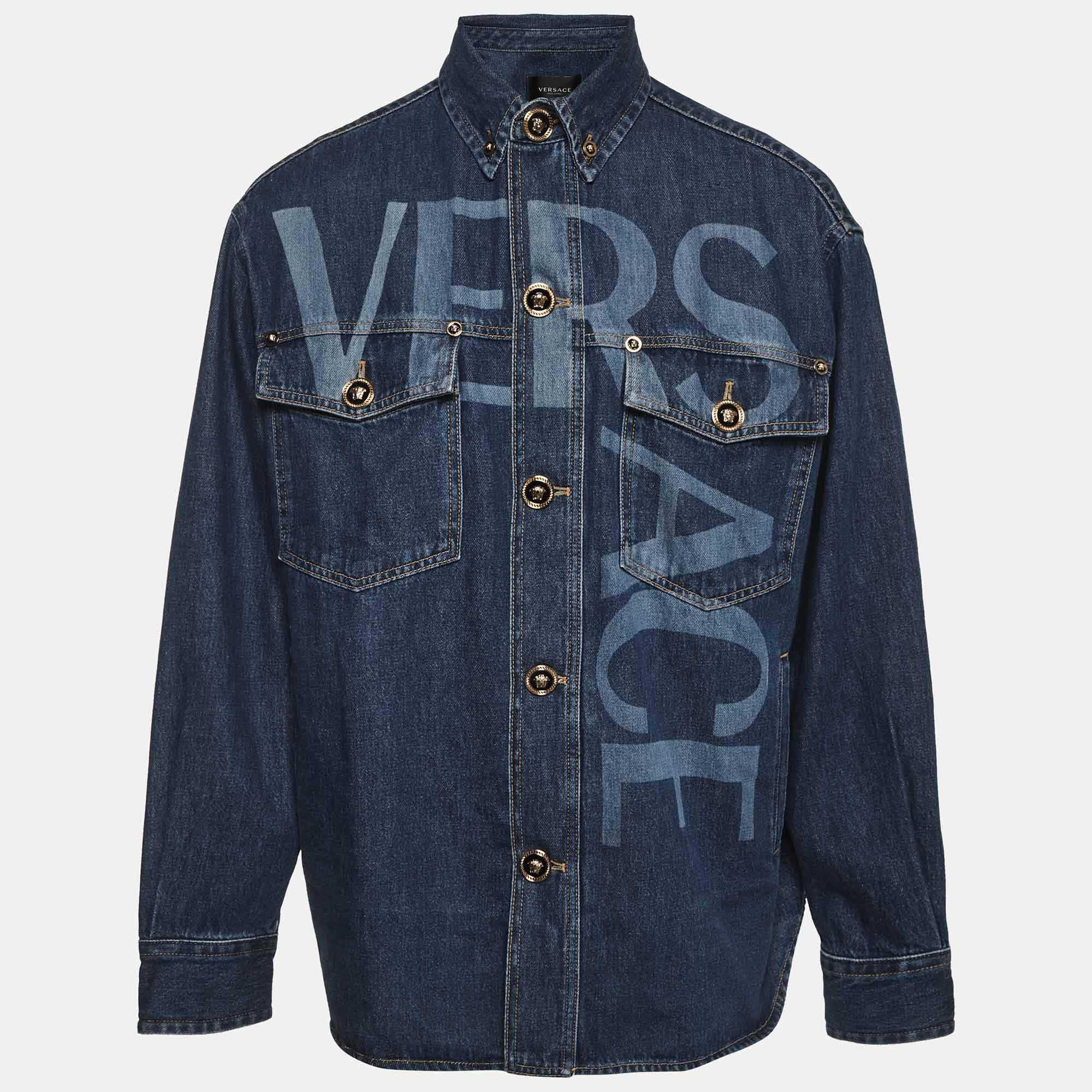 Pre Owned Versace Blue Logo Print Denim College Fit Shirt M