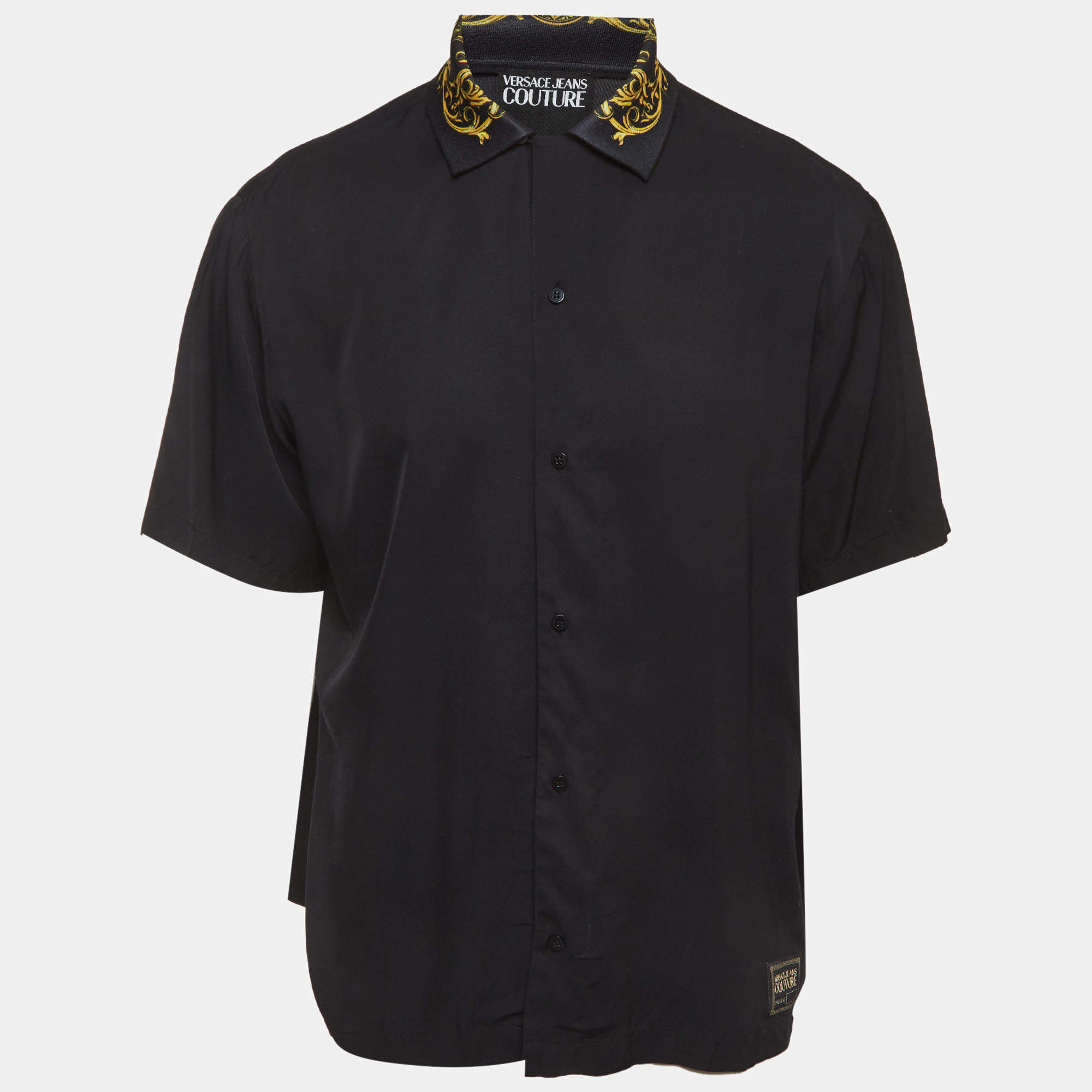 Pre Owned Versace Jeans Couture Black Baroque Print Sateen and Knit Short Sleeve Shirt XL
