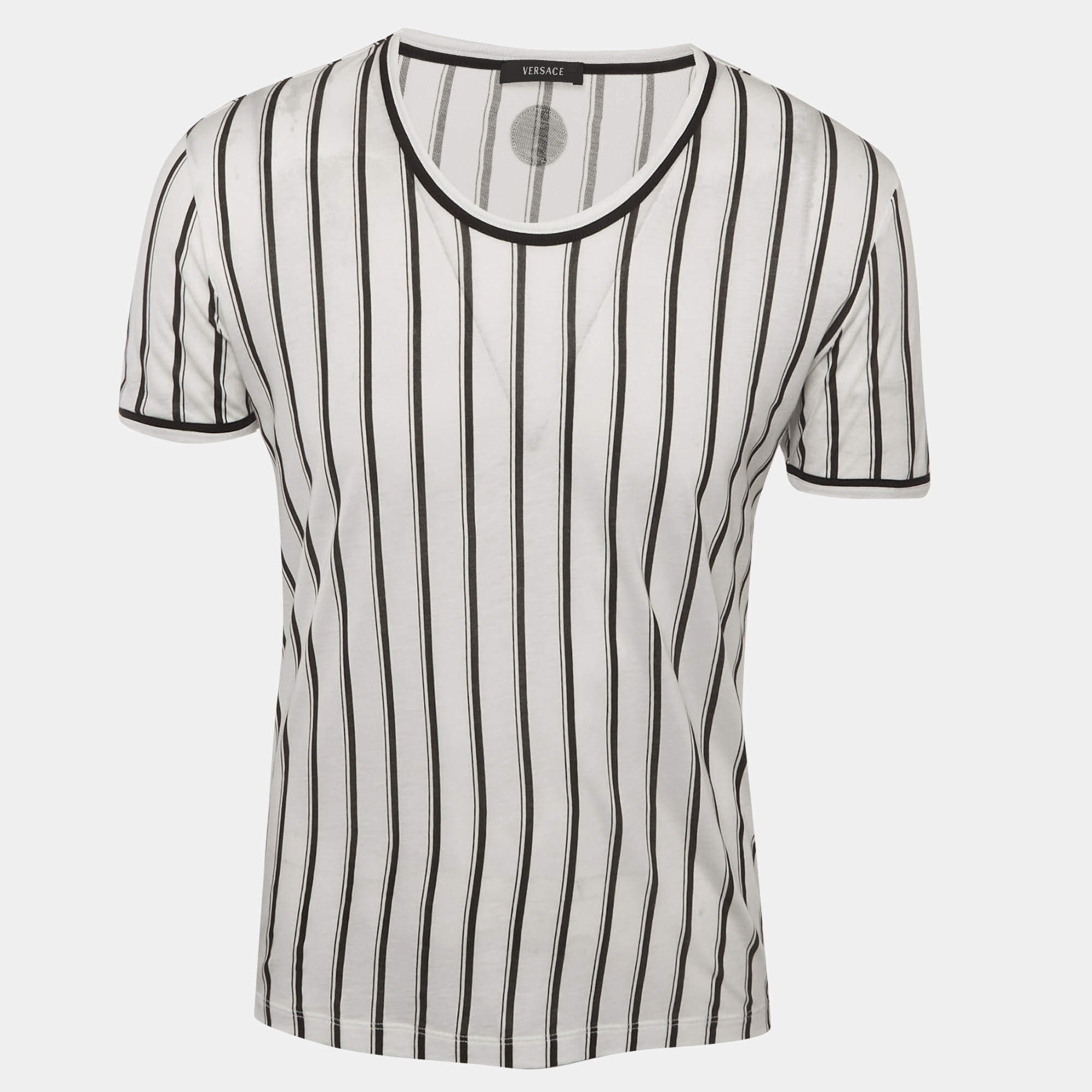 Pre Owned Versace White/Black Striped Jersey Crewneck T-Shirt XS