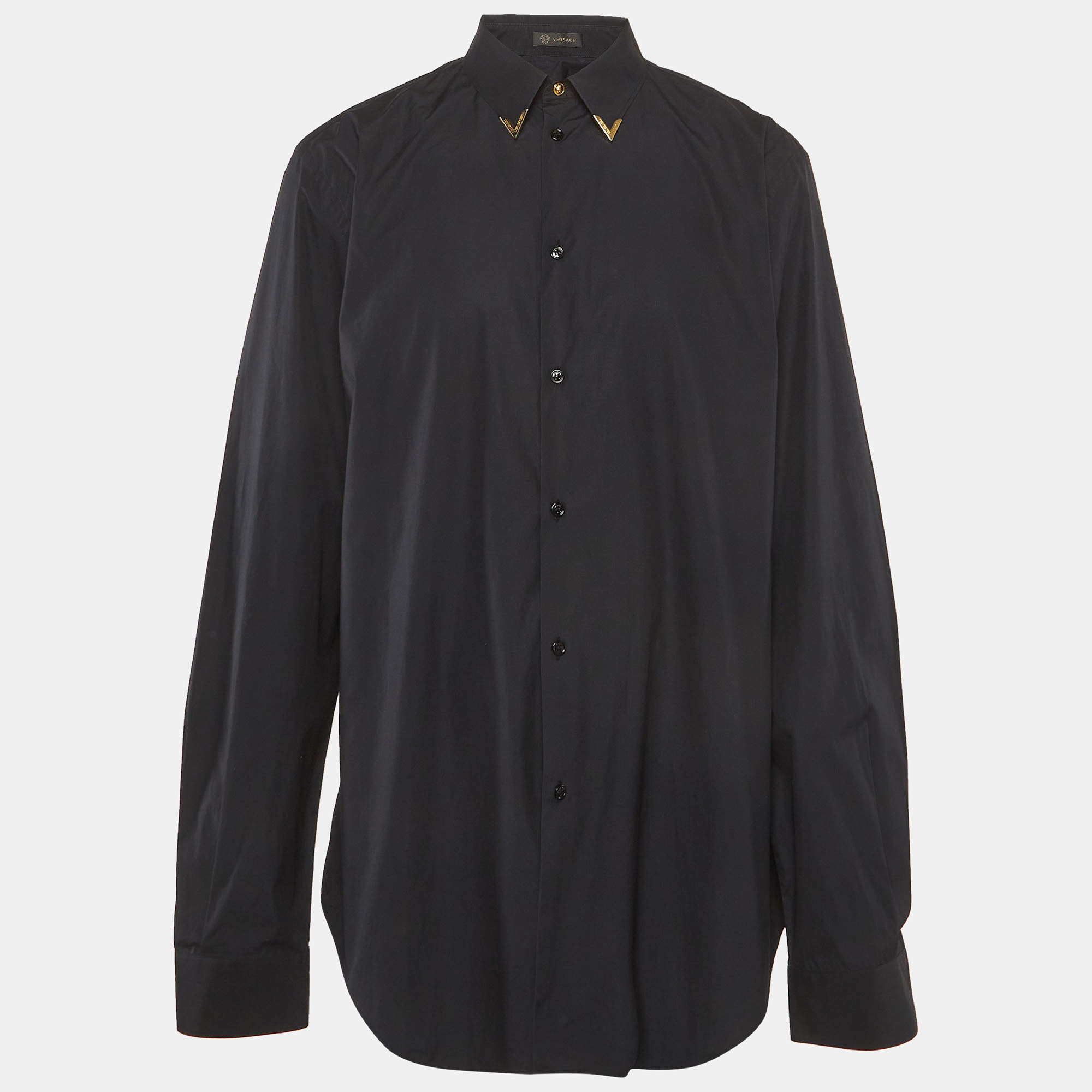 Pre Owned Versace Black Cotton Collar Detail Long Sleeve Shirt XS